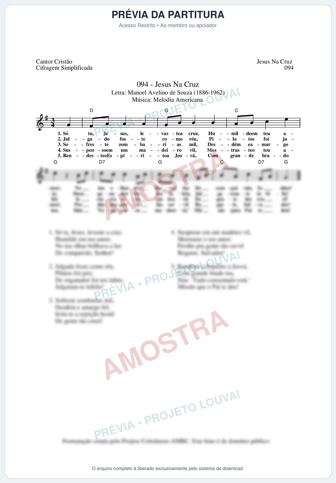 Prévia protegida da primeira página da partitura Partitura da música Jesus Na Cruz (Cantor Cristão nº94) - Cantor Cristão - Tom D