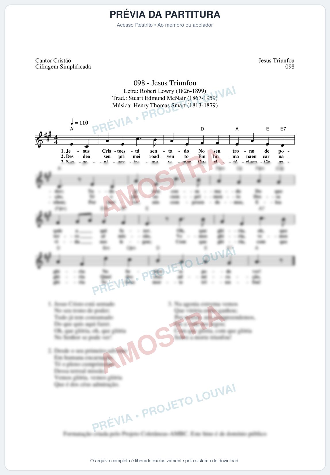 Prévia protegida da primeira página da partitura Partitura da música Jesus Triunfou (Cantor Cristão nº98) - Cantor Cristão - Tom A