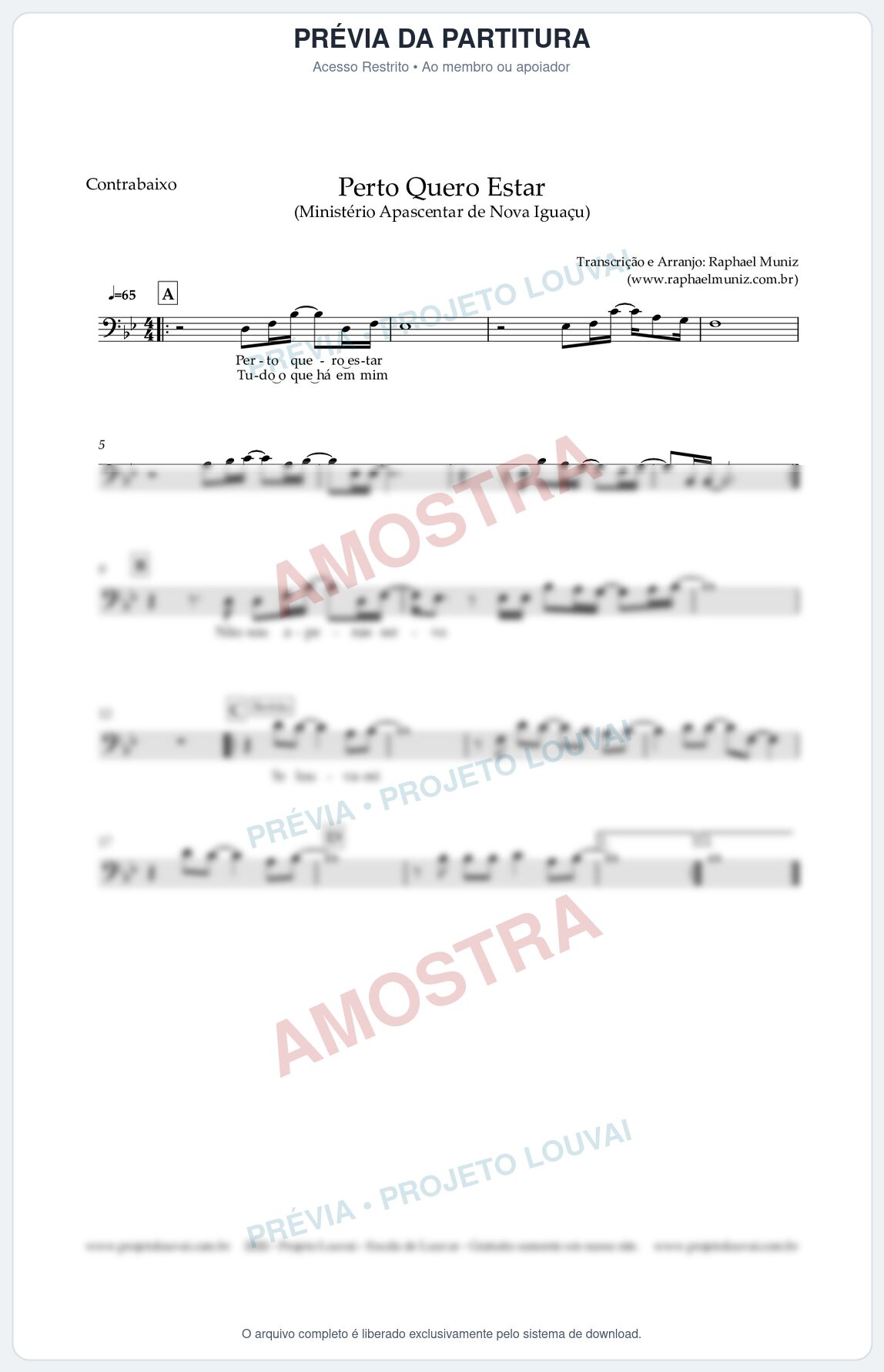 Prévia protegida da primeira página da partitura Partitura para Contrabaixo Acústico - Perto Quero Estar - Apascentar de Nova Iguaçu