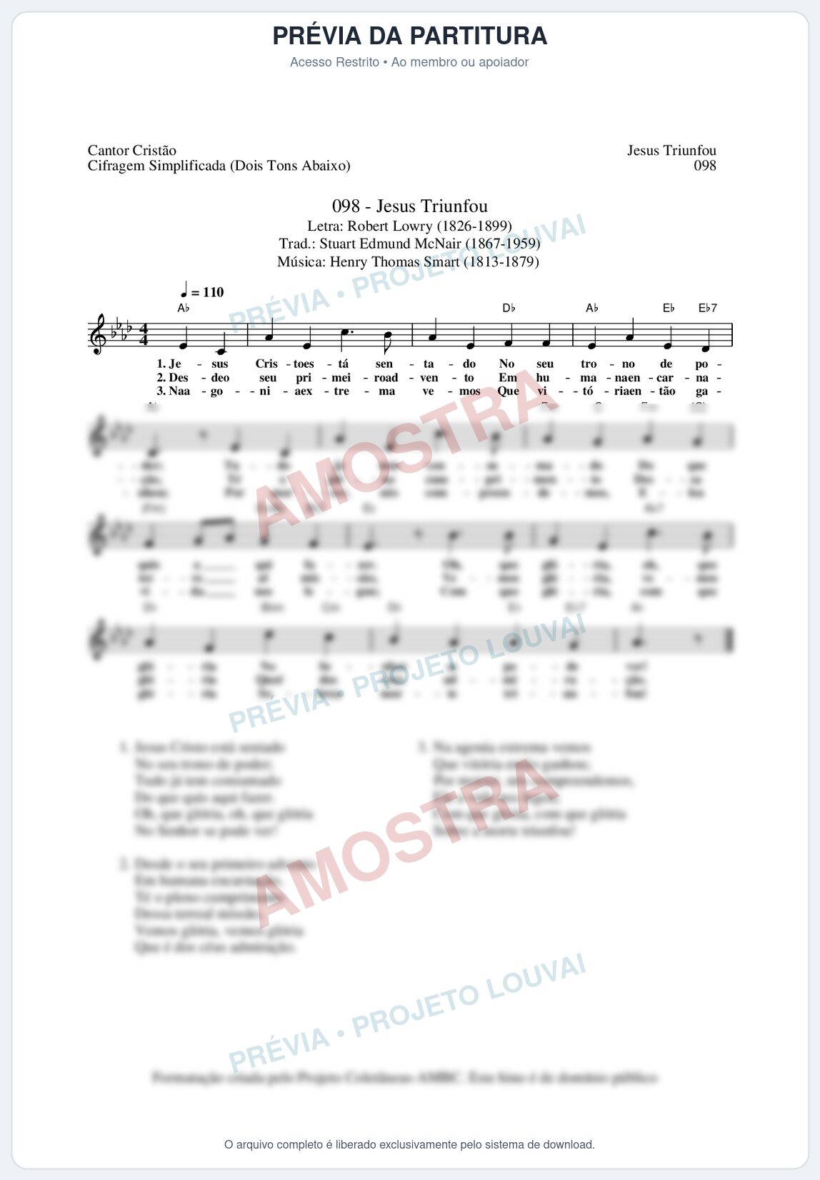 Prévia protegida da primeira página da partitura Partitura da música Jesus Triunfou (Cantor Cristão nº98) - Cantor Cristão - Tom Ab