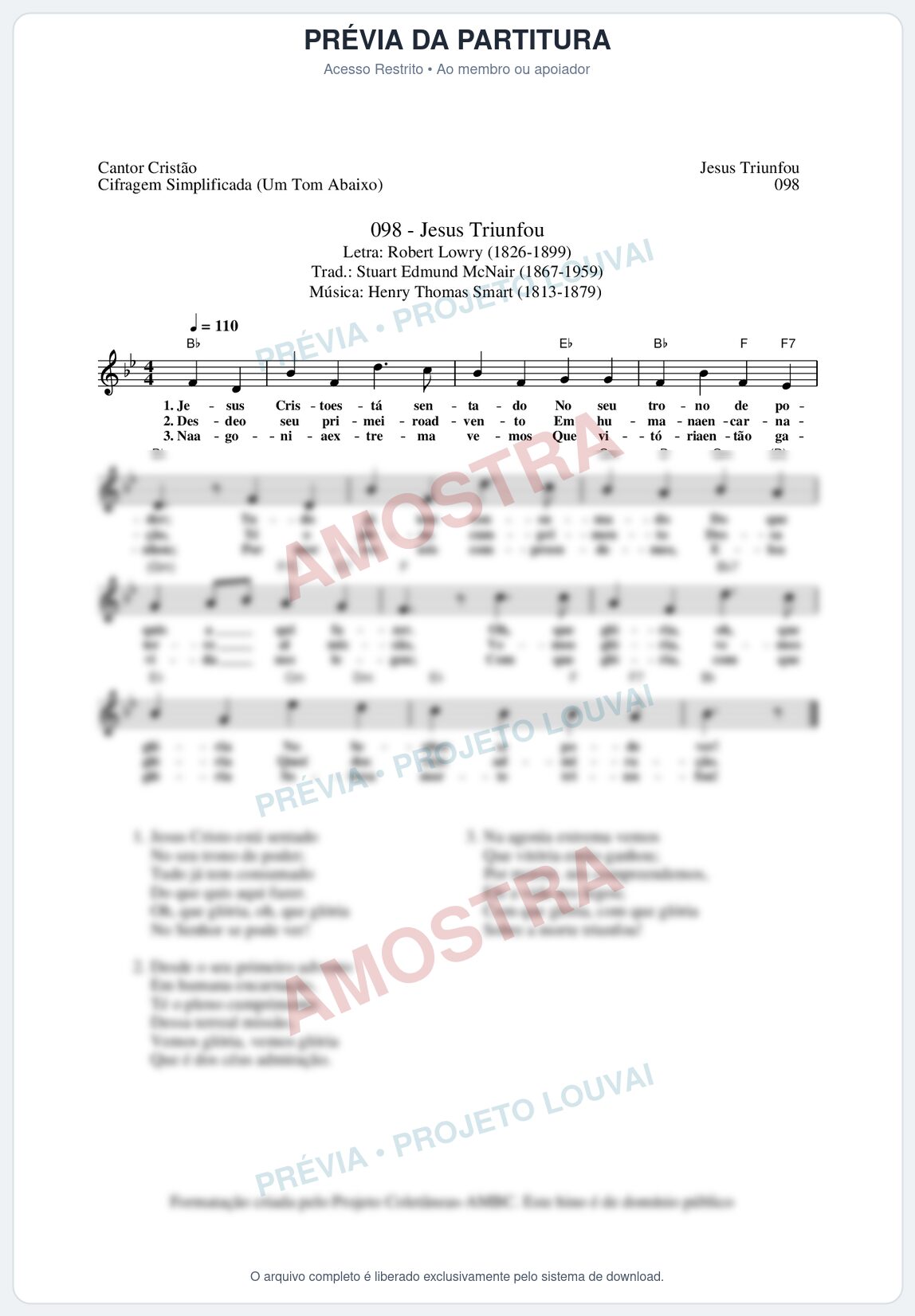 Prévia protegida da primeira página da partitura Partitura da música Jesus Triunfou (Cantor Cristão nº98) - Cantor Cristão - Tom Bb