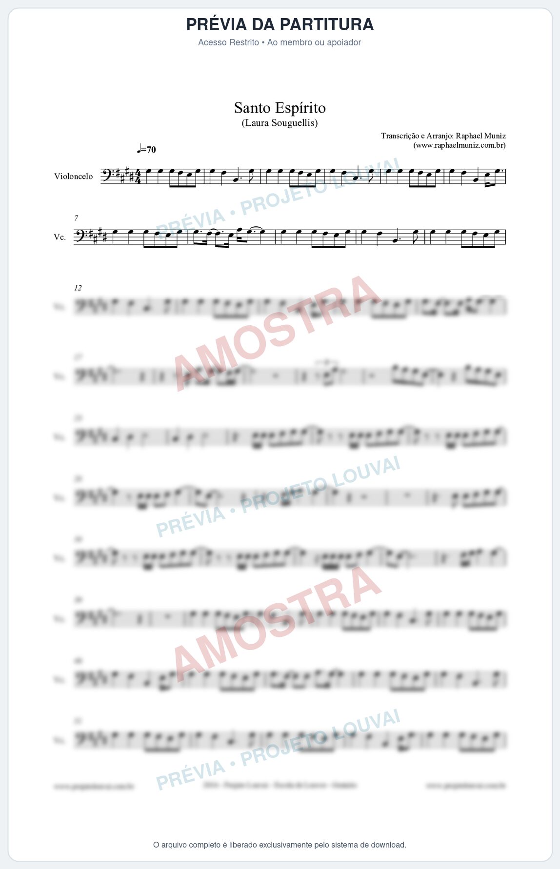 Prévia protegida da primeira página da partitura Partitura para Violoncelo - Santo Espírito (Holy Spirit) Laura Souguellis