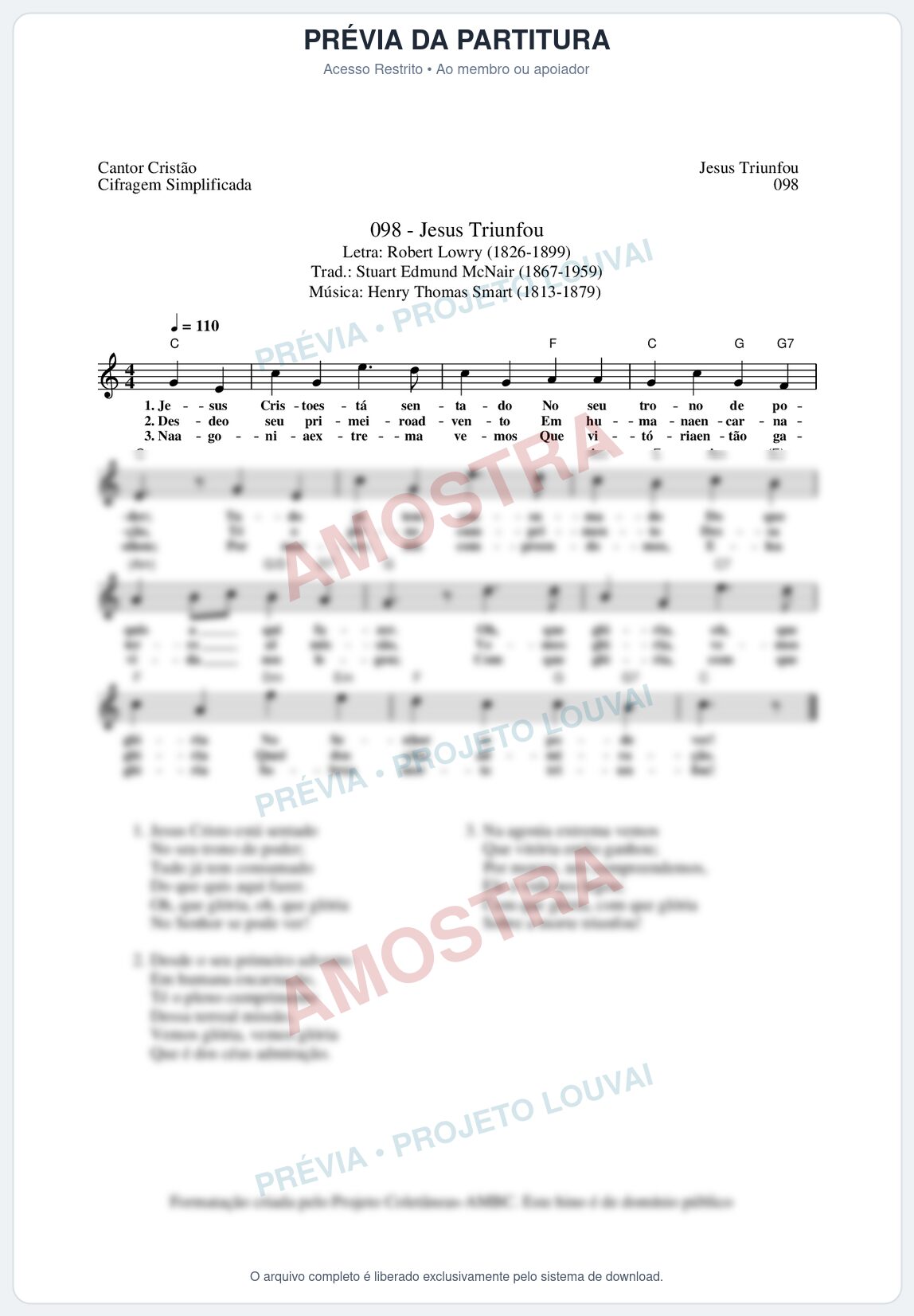 Prévia protegida da primeira página da partitura Partitura da música Jesus Triunfou (Cantor Cristão nº98) - Cantor Cristão - Tom C