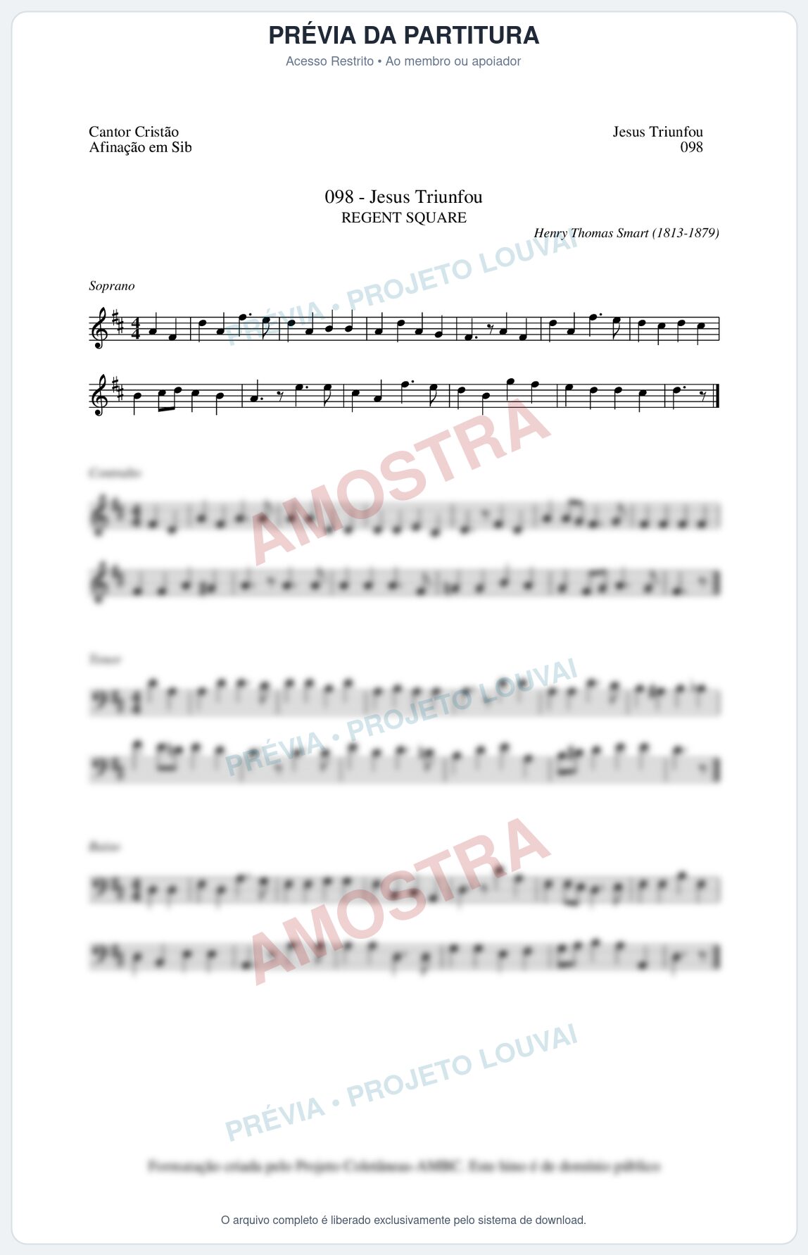 Prévia protegida da primeira página da partitura Partitura da música Jesus Triunfou (Cantor Cristão nº98) - Cantor Cristão - Tom D
