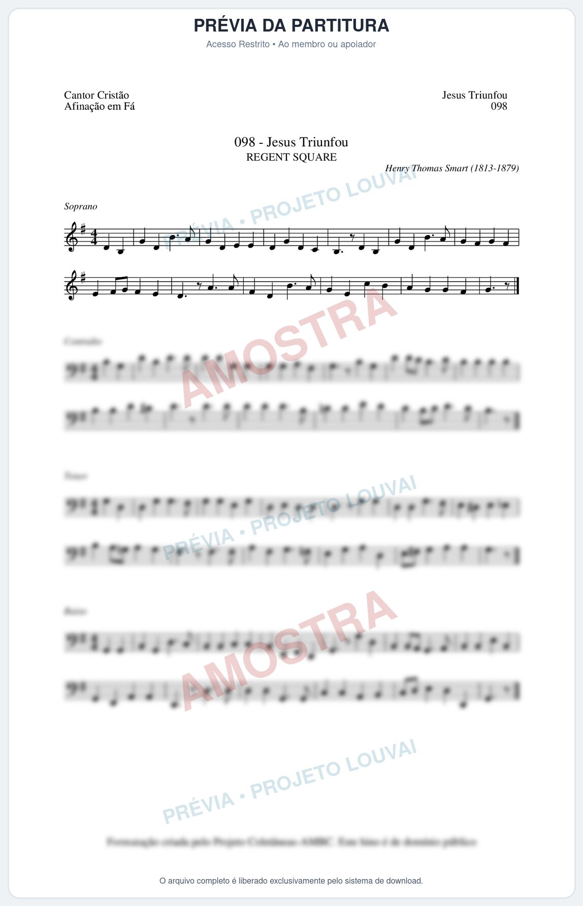 Prévia protegida da primeira página da partitura Partitura da música Jesus Triunfou (Cantor Cristão nº98) - Cantor Cristão - Tom G