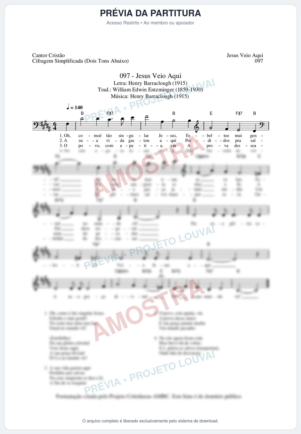 Prévia protegida da primeira página da partitura Partitura da música Jesus Veio Aqui (Cantor Cristão nº97) - Cantor Cristão - Tom B