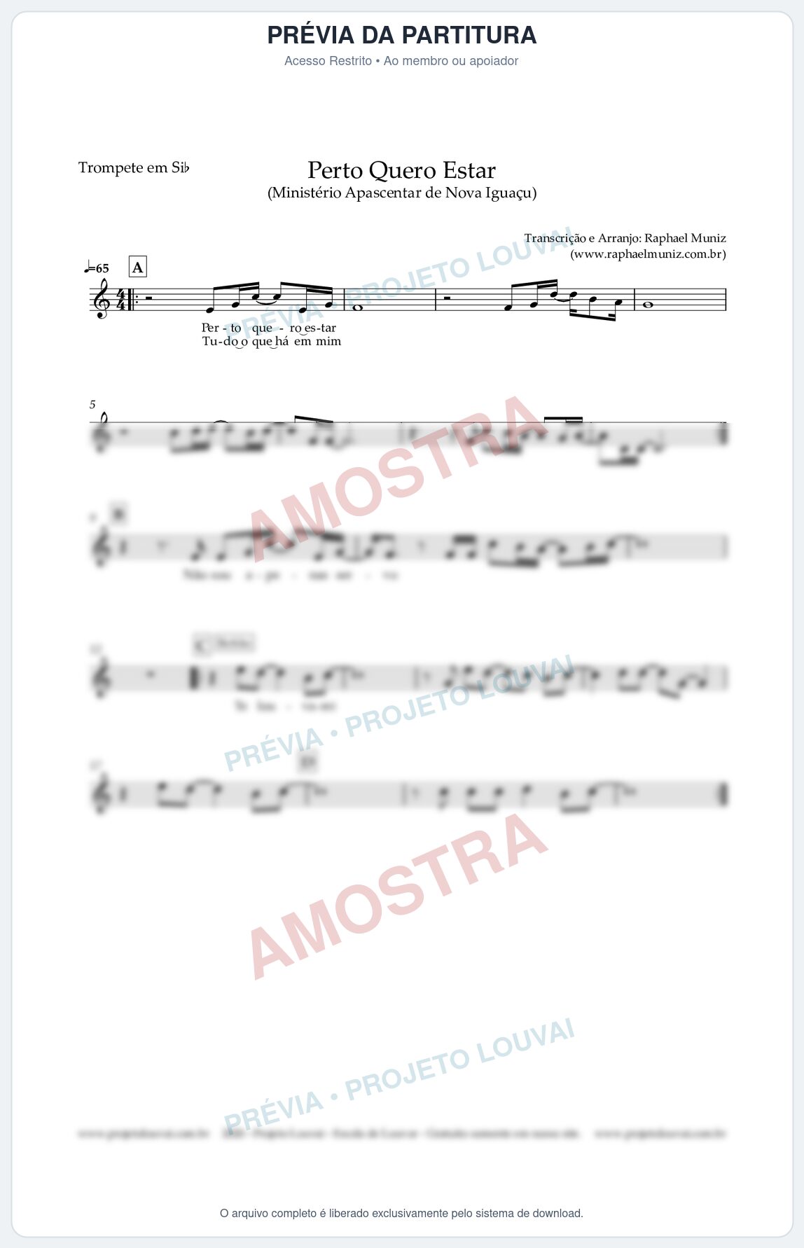 Prévia protegida da primeira página da partitura Partitura para Trompete em Bb - Perto Quero Estar - Apascentar de Nova Iguaçu