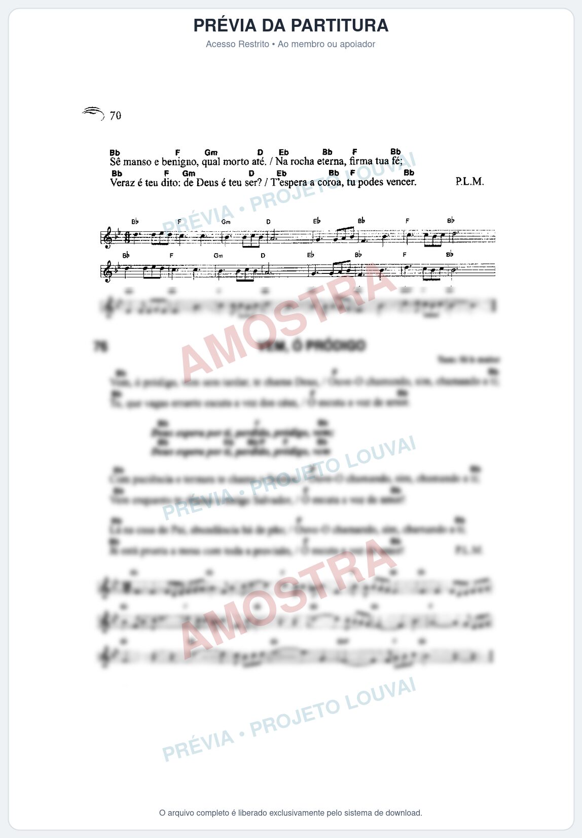 Prévia protegida da primeira página da partitura Partitura da música Vem, ó Pródigo (Harpa Cristã nº76) - Harpa Cristã Cifrada - Tom Bb