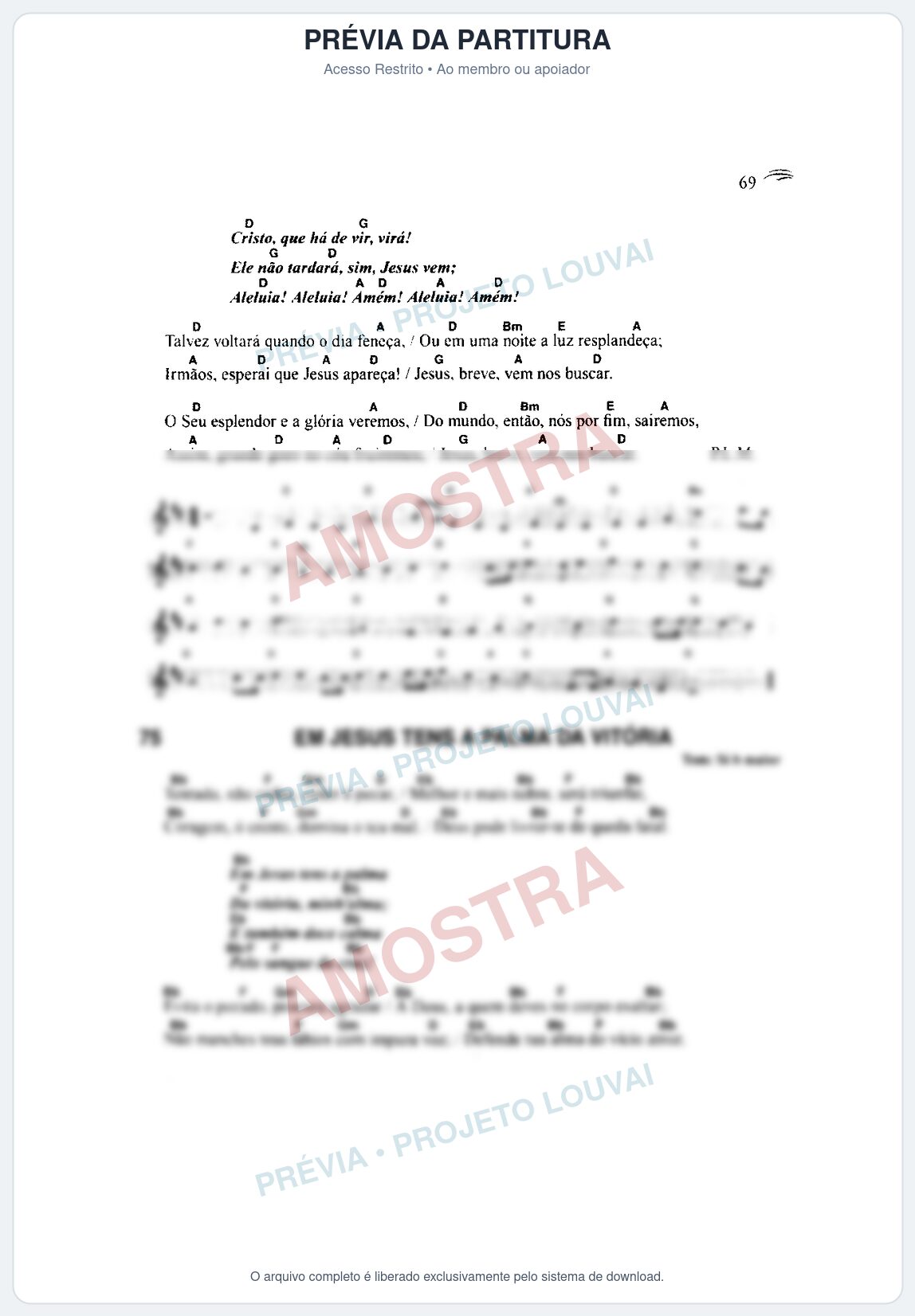Prévia protegida da primeira página da partitura Partitura da música Em Jesus Tens a Palma da Vitória (Harpa Cristã nº75) - Harpa Cristã Cifrada - Tom Bb