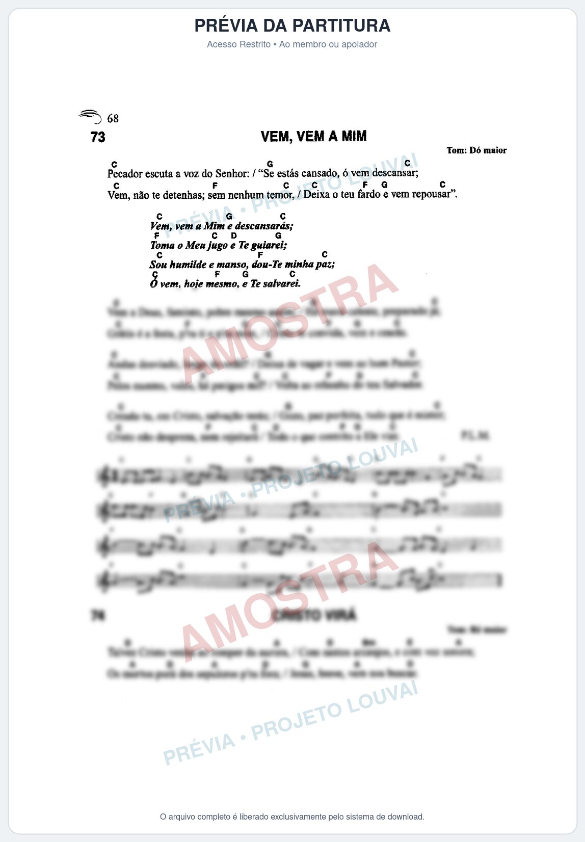 Prévia protegida da primeira página da partitura Partitura da música Cristo Virá (Harpa Cristã nº74) - Harpa Cristã Cifrada - Tom D