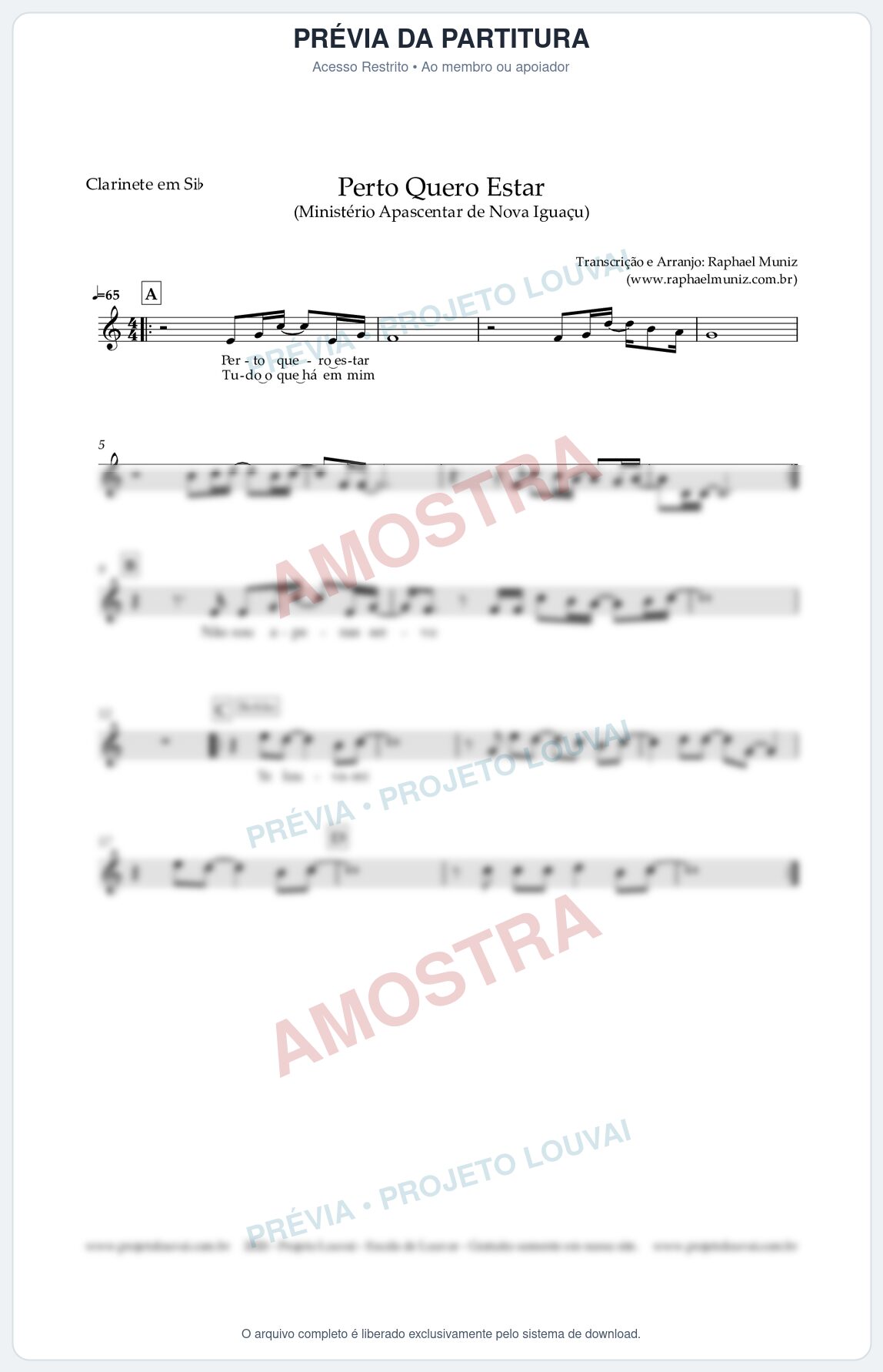 Prévia protegida da primeira página da partitura Partitura para Clarinete em Bb - Perto Quero Estar - Ministério Apascentar de Nova Iguaçu
