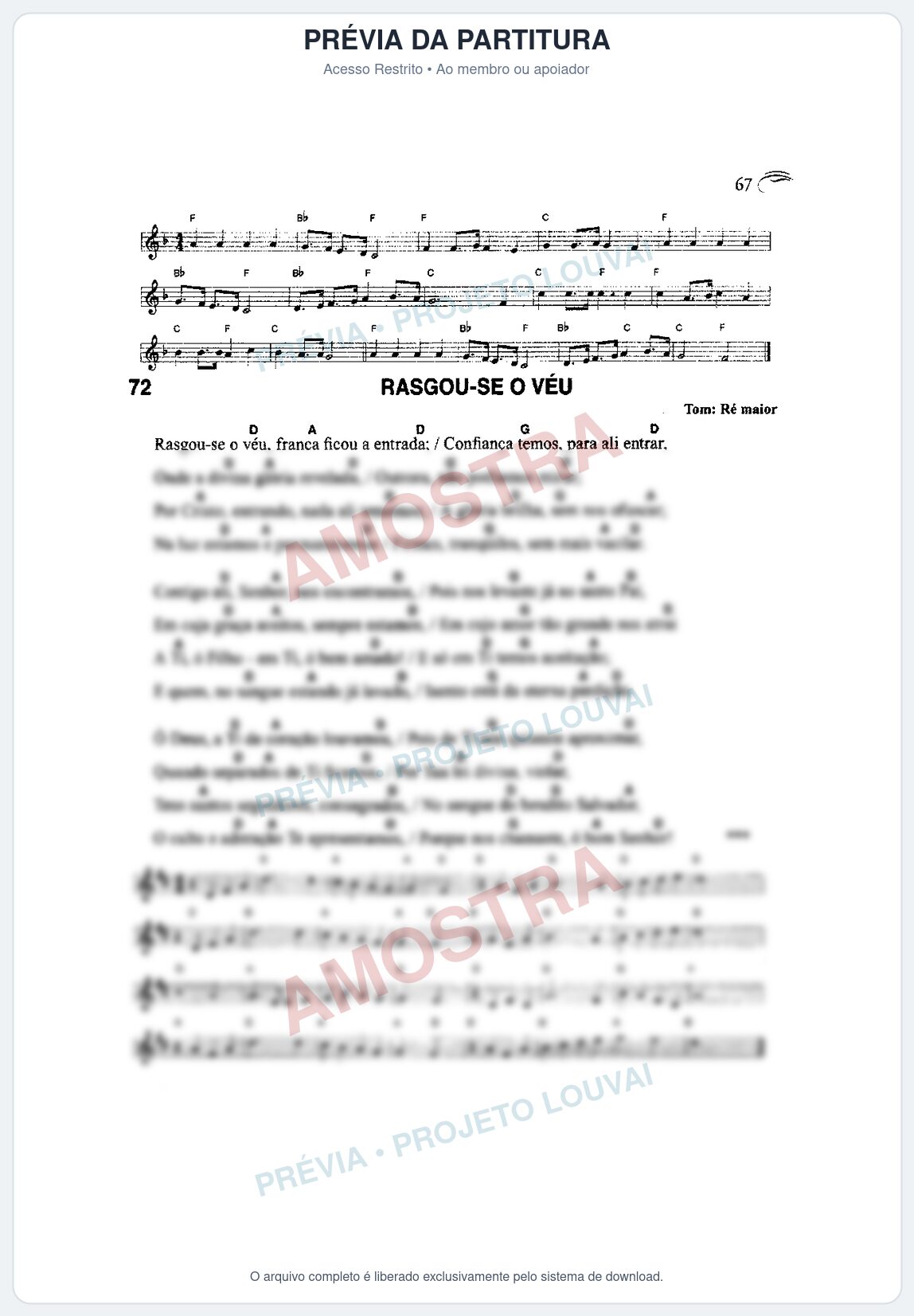Prévia protegida da primeira página da partitura Partitura da música Rasgou-se o Véu (Harpa Cristã nº71) - Harpa Cristã Cifrada - Tom D