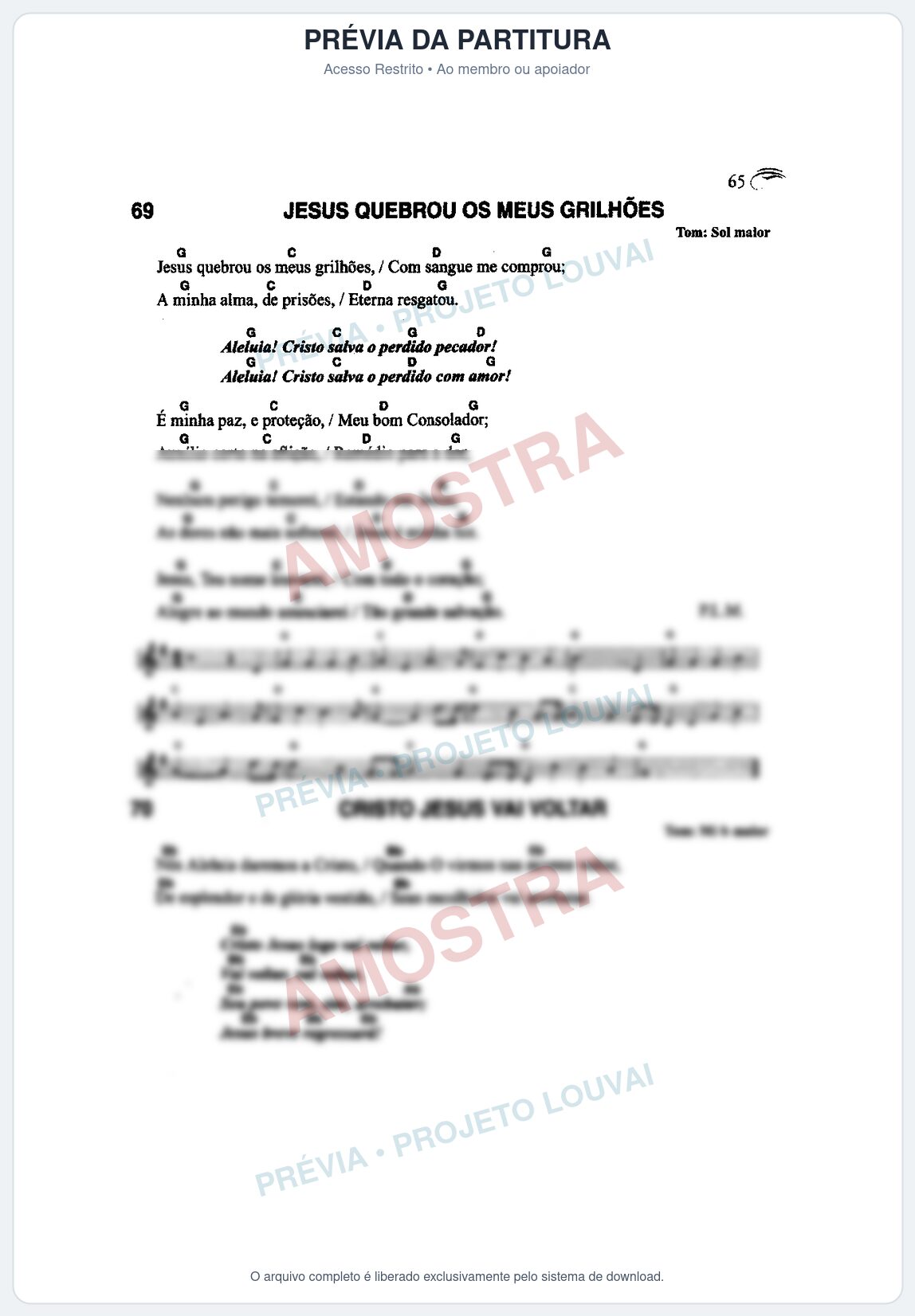 Prévia protegida da primeira página da partitura Partitura da música Jesus Quebrou os Meus Grilhões (Harpa Cristã nº69) - Harpa Cristã Cifrada - Tom G
