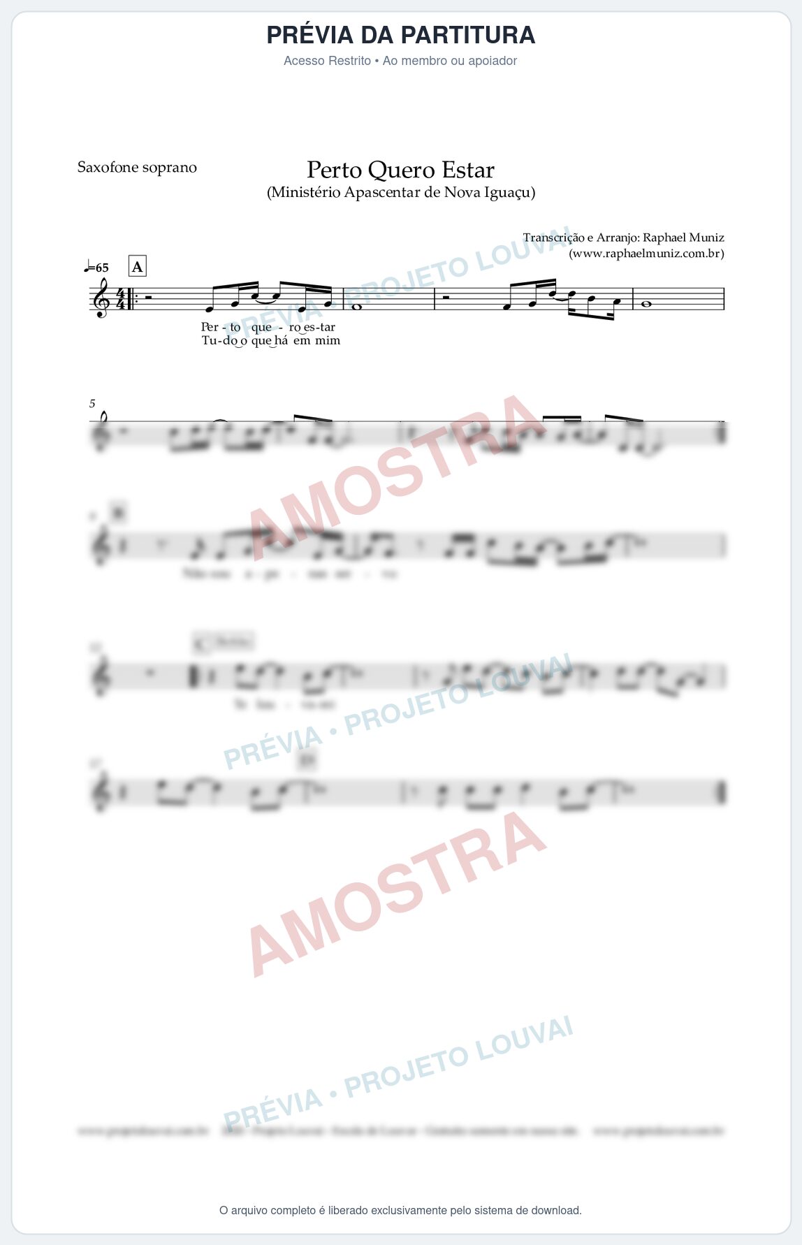 Prévia protegida da primeira página da partitura Partitura para Saxofone Soprano - Perto Quero Estar - Apascentar de Nova Iguaçu