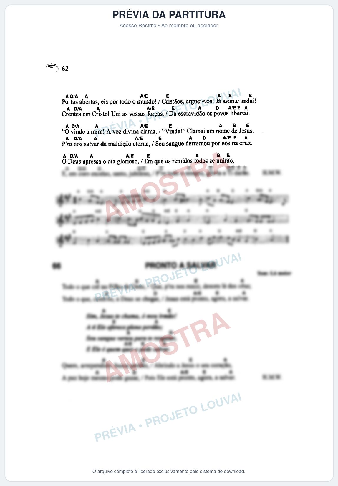 Prévia protegida da primeira página da partitura Partitura da música Pronto a Salvar (Harpa Cristã nº66) - Harpa Cristã Cifrada - Tom A