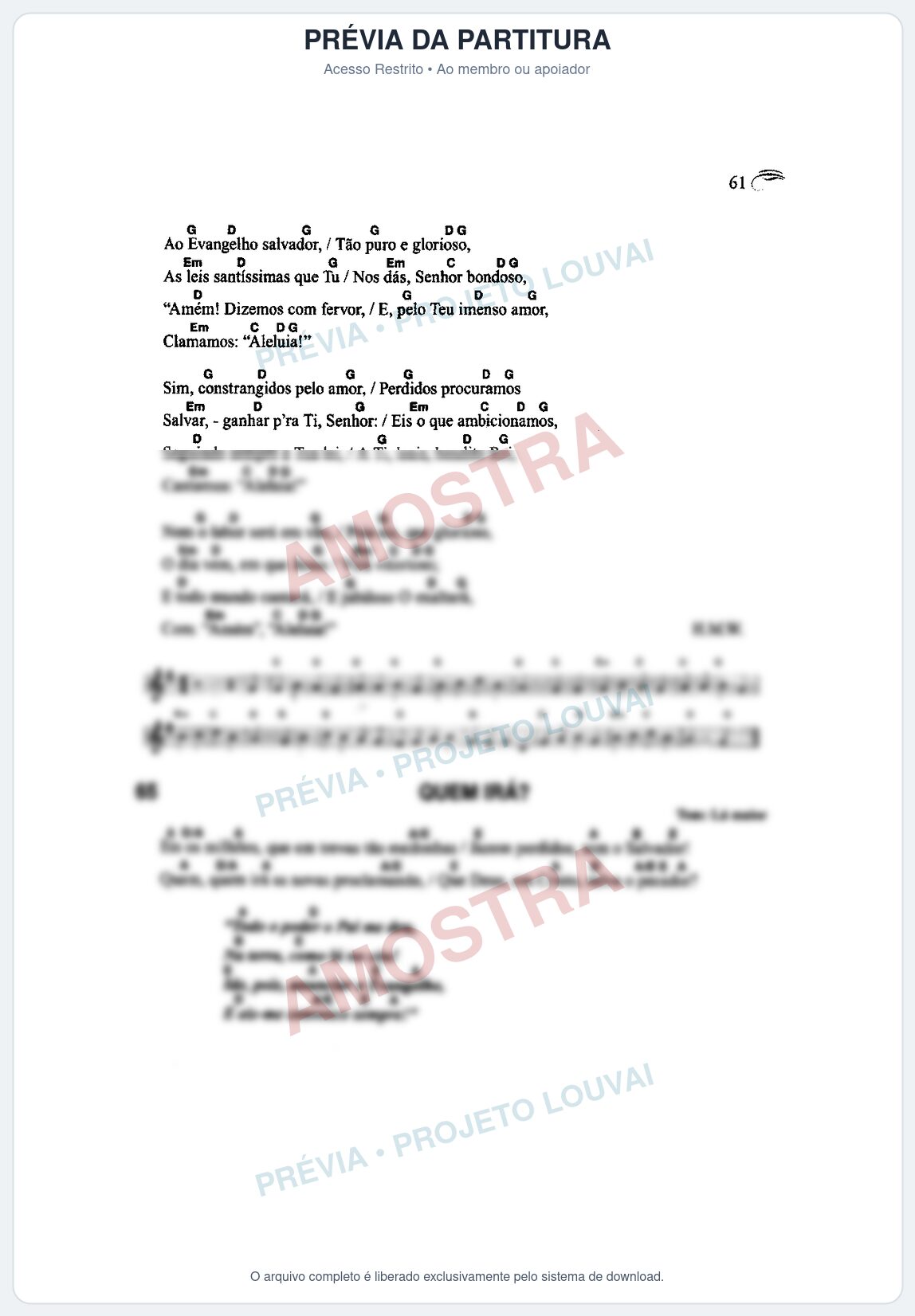 Prévia protegida da primeira página da partitura Partitura da música Quem Irá_ (Harpa Cristã nº65) - Harpa Cristã Cifrada - Tom A