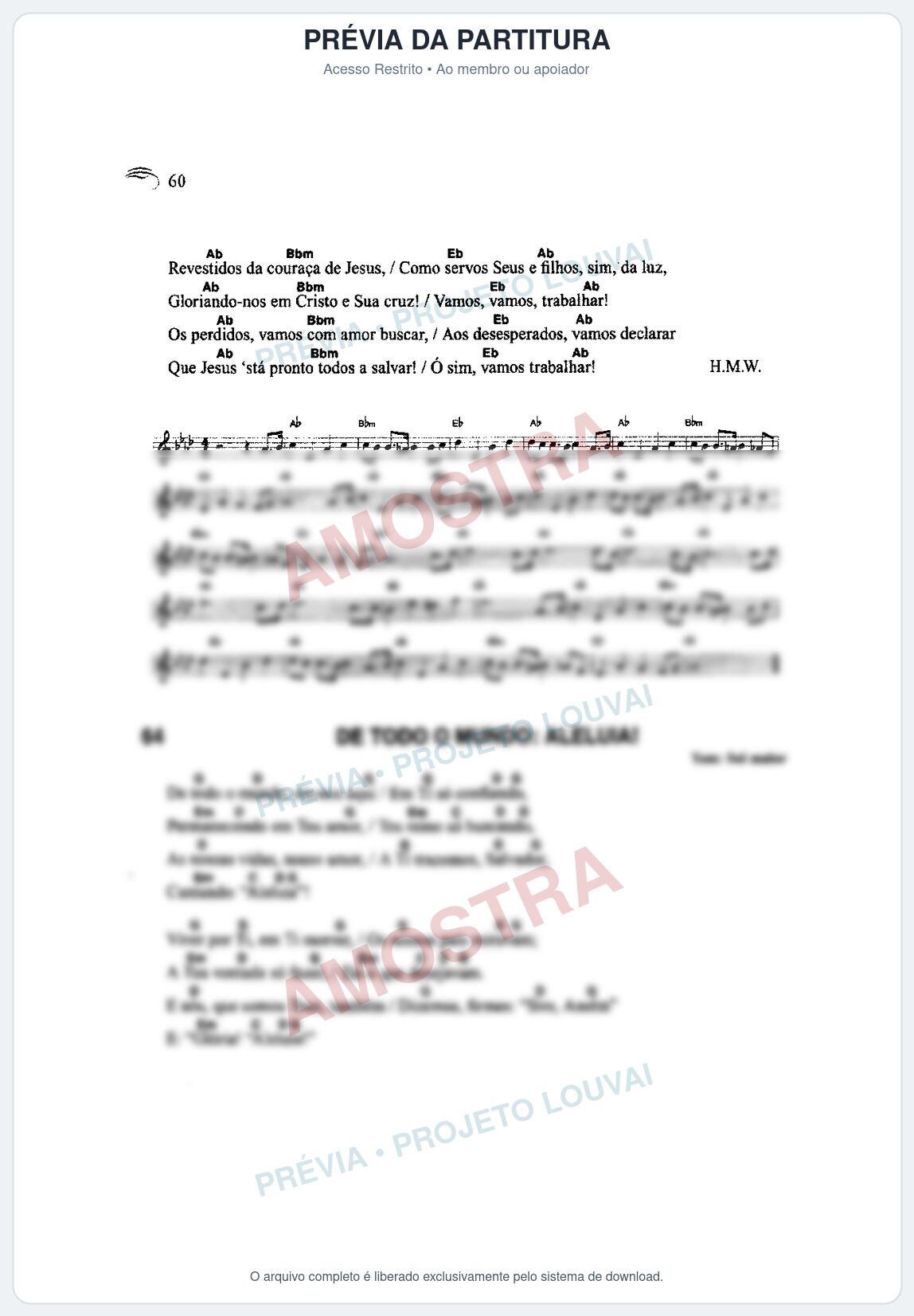 Prévia protegida da primeira página da partitura Partitura da música De Todo o Mundo_ Aleluia! (Harpa Cristã nº64) - Harpa Cristã Cifrada - Tom G