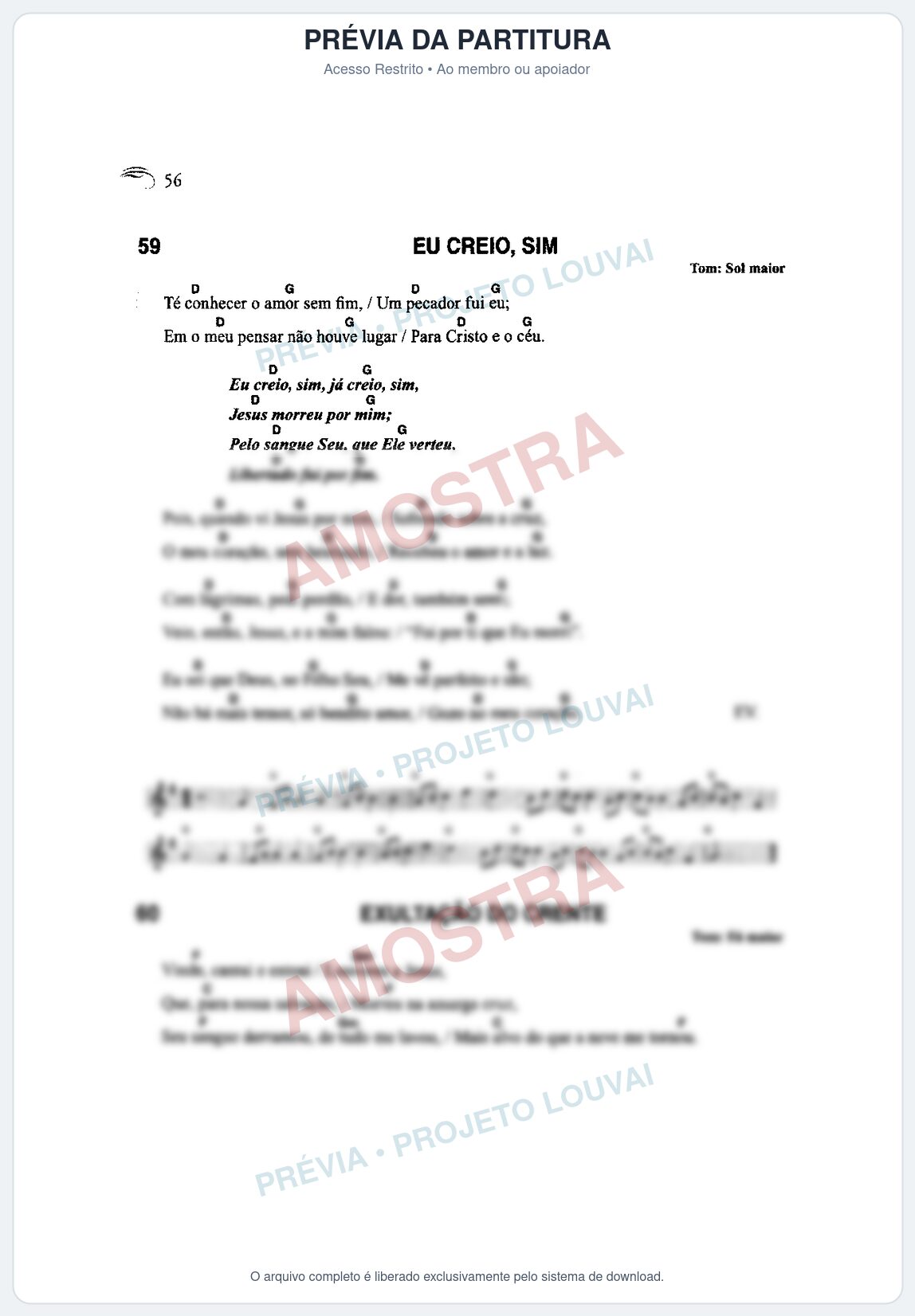 Prévia protegida da primeira página da partitura Partitura da música Exultação do Crente (Harpa Cristã nº60) - Harpa Cristã Cifrada - Tom F
