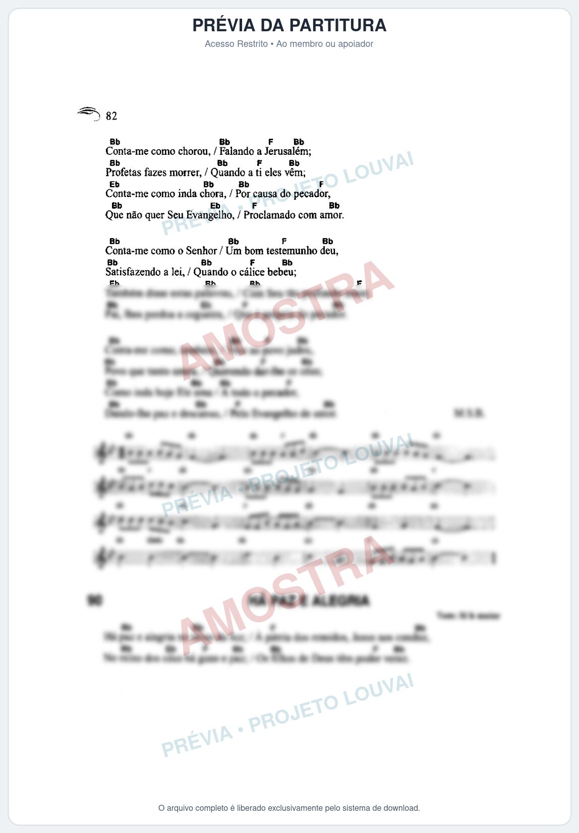 Prévia protegida da primeira página da partitura Partitura da música Há Paz e Alegria (Harpa Cristã nº90) - Harpa Cristã Cifrada - Tom F