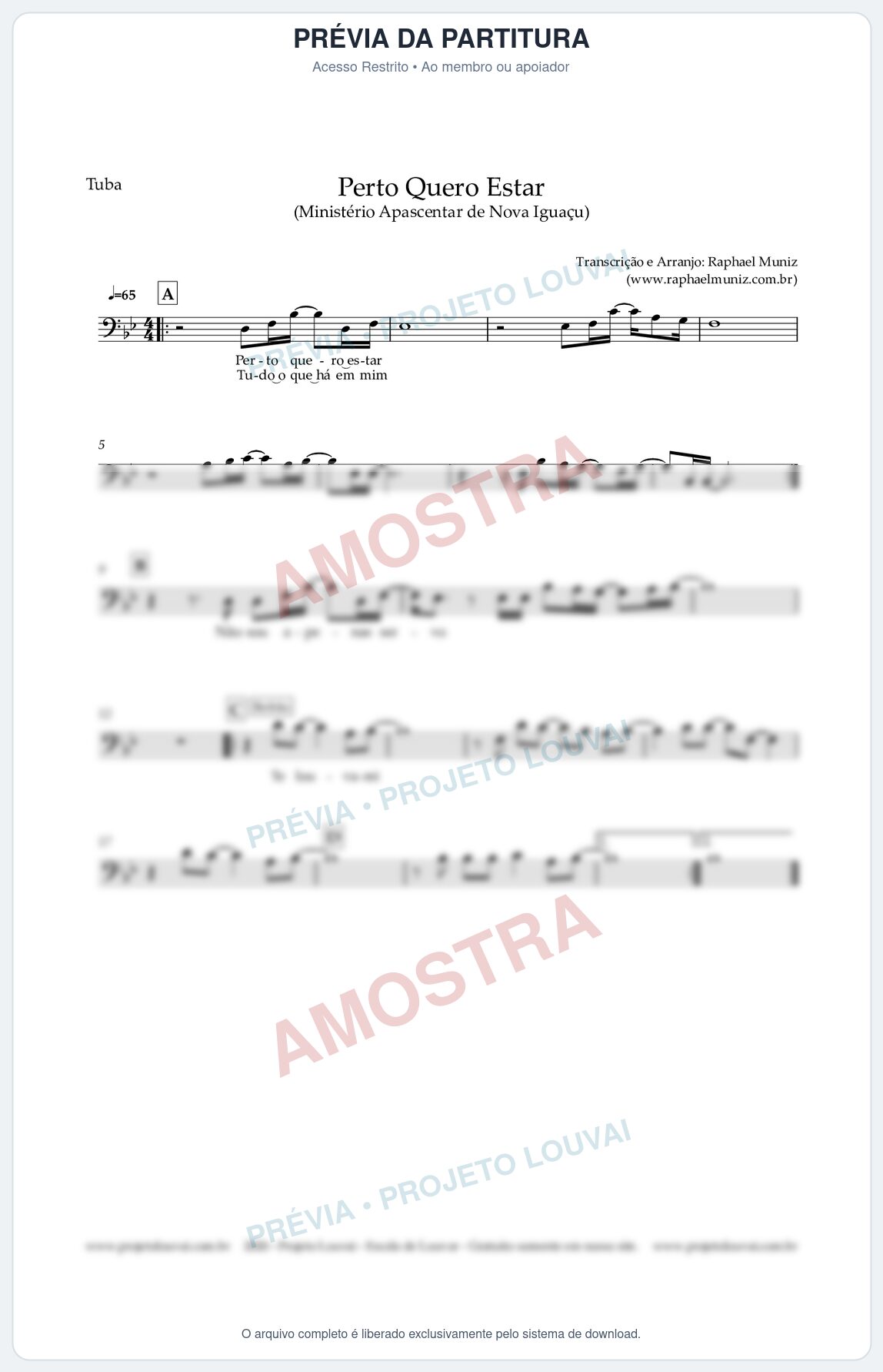 Prévia protegida da primeira página da partitura Partitura para Tuba em Dó - Perto Quero Estar - Apascentar de Nova Iguaçu