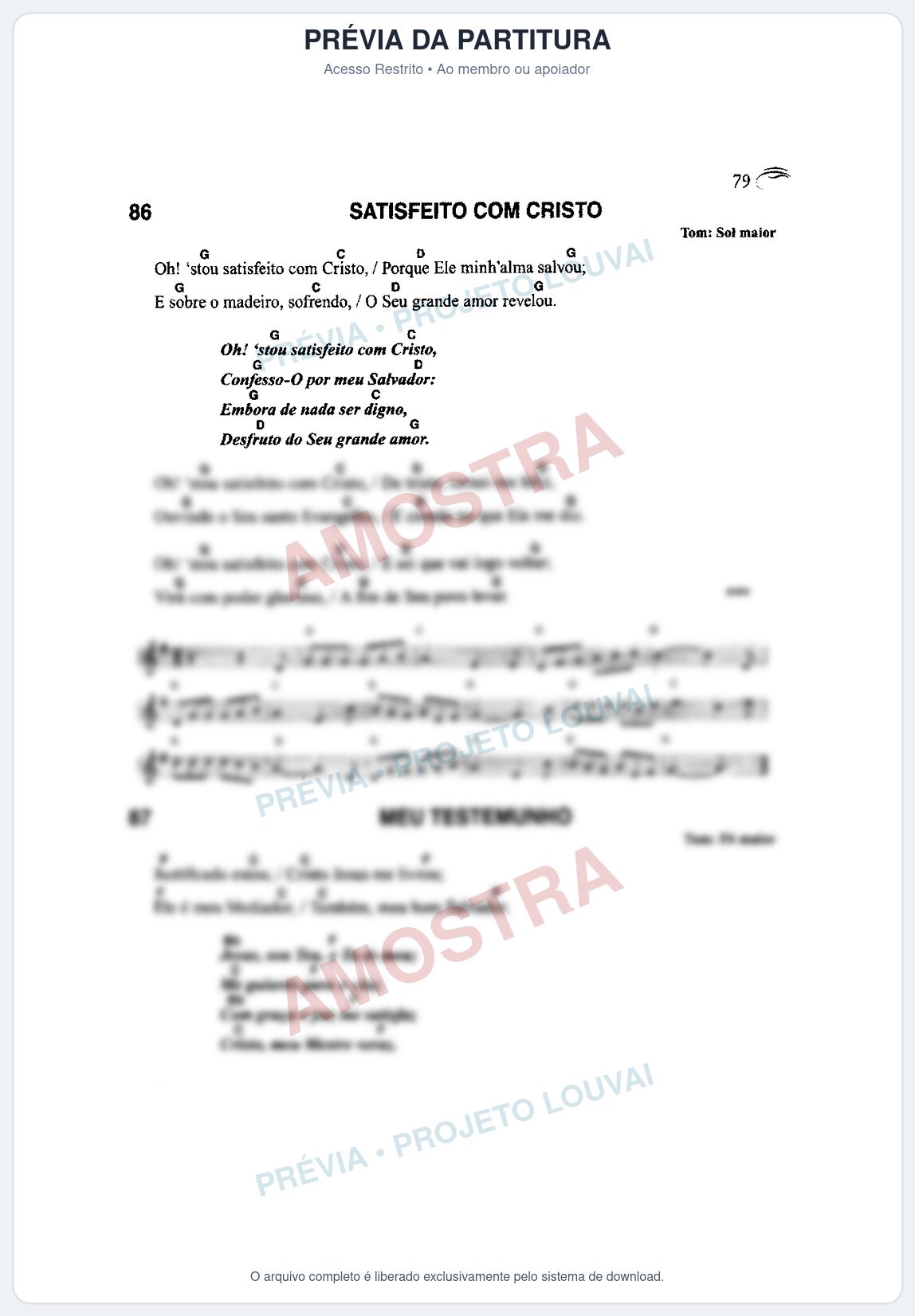 Prévia protegida da primeira página da partitura Partitura da música Satisfeito Com Cristo (Harpa Cristã nº86) - Harpa Cristã Cifrada - Tom G
