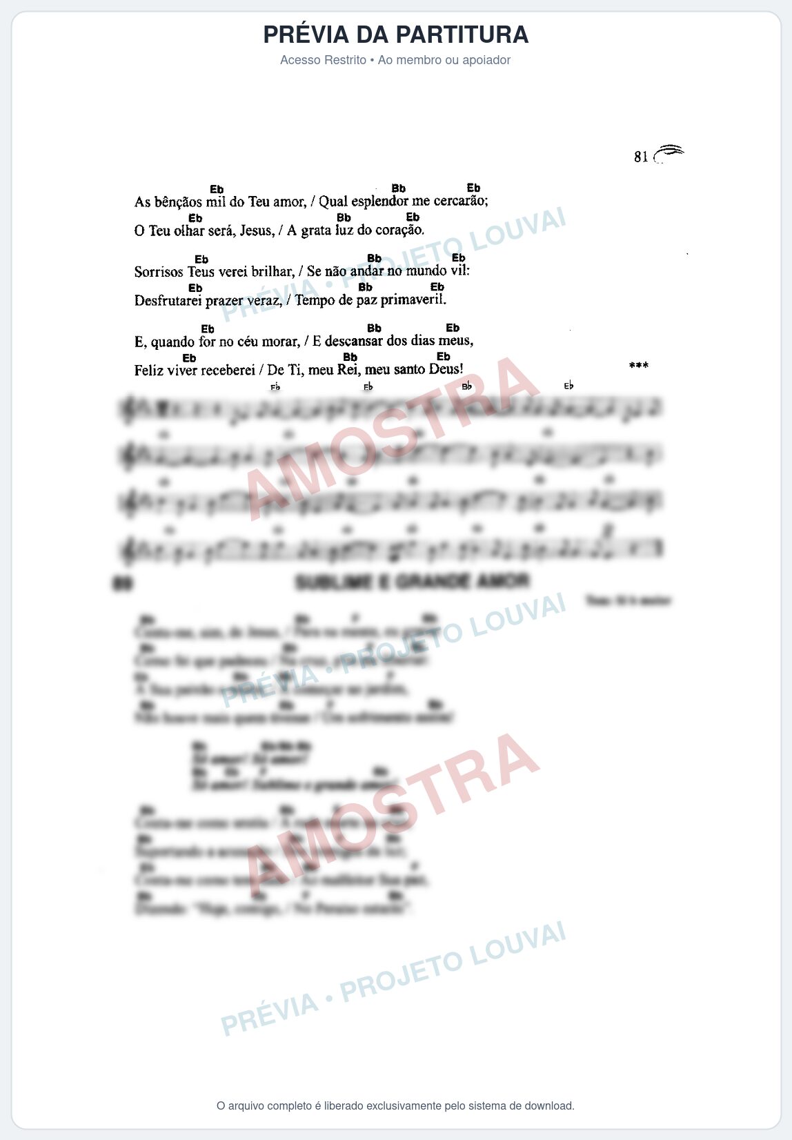 Prévia protegida da primeira página da partitura Partitura da música Sublime e Grande Amor (Harpa Cristã nº89) - Harpa Cristã Cifrada - Tom Bb