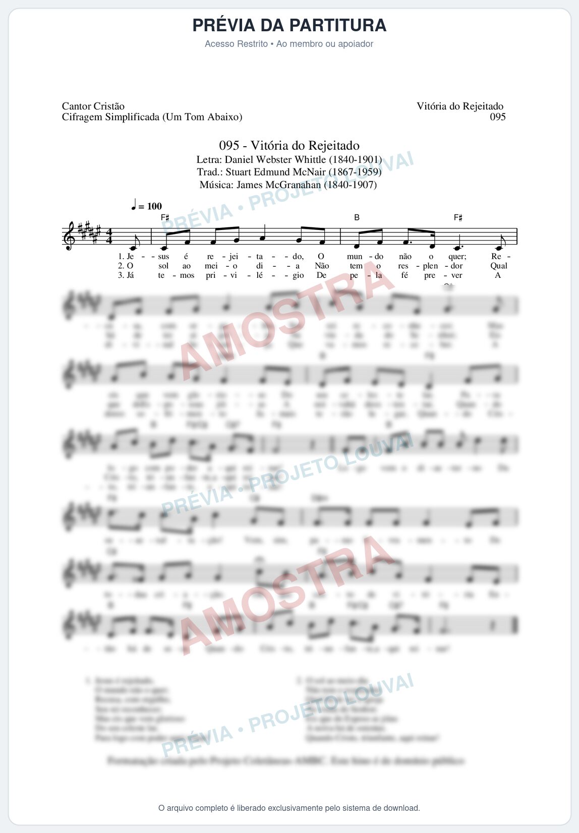 Prévia protegida da primeira página da partitura Partitura da música Vitória do Rejeitado (Cantor Cristão nº95) - Cantor Cristão - Tom F#