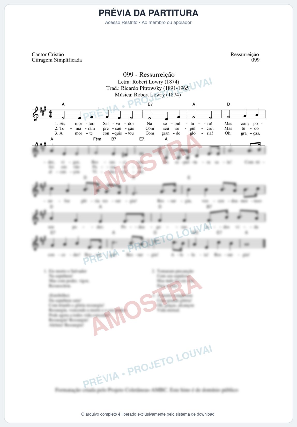 Prévia protegida da primeira página da partitura Partitura da música Ressurreição (Cantor Cristão nº99) - Cantor Cristão - Tom A