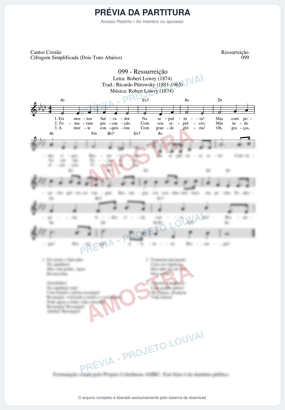 Prévia protegida da primeira página da partitura Partitura da música Ressurreição (Cantor Cristão nº99) - Cantor Cristão - Tom Ab