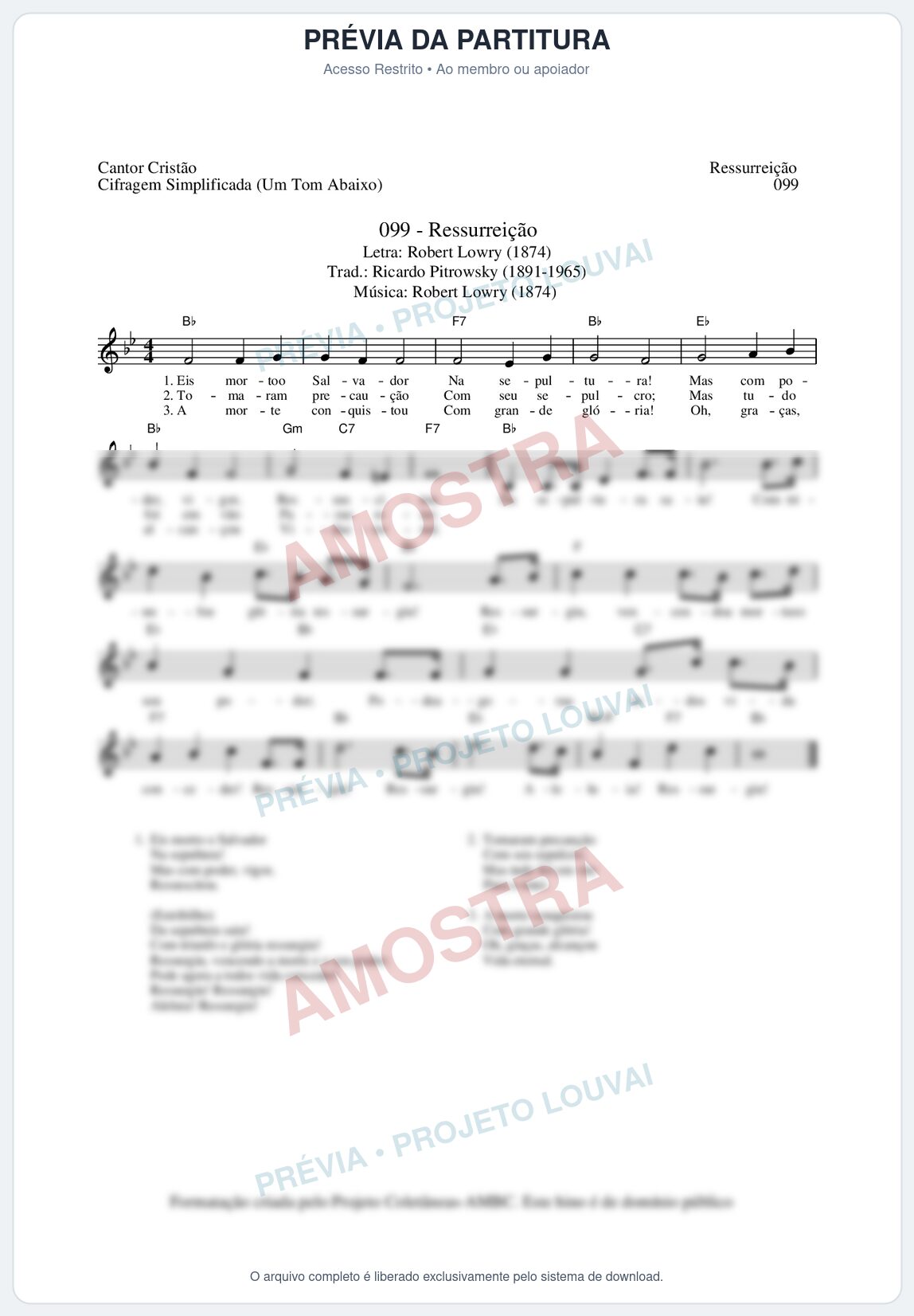 Prévia protegida da primeira página da partitura Partitura da música Ressurreição (Cantor Cristão nº99) - Cantor Cristão - Tom Bb