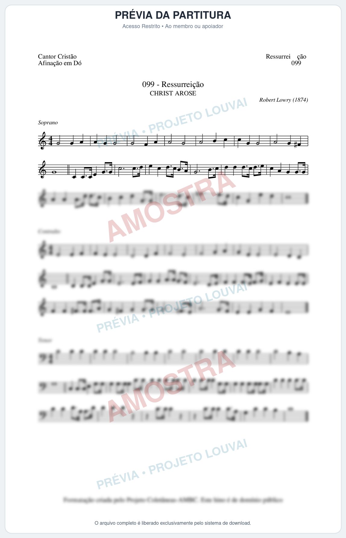 Prévia protegida da primeira página da partitura Partitura da música Ressurreição (Cantor Cristão nº99) - Cantor Cristão - Tom C