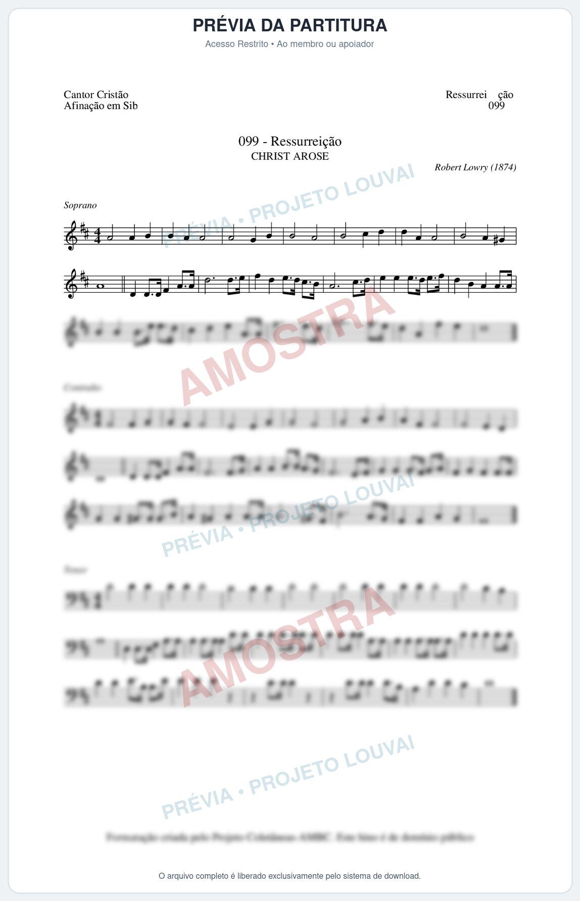 Prévia protegida da primeira página da partitura Partitura da música Ressurreição (Cantor Cristão nº99) - Cantor Cristão - Tom D
