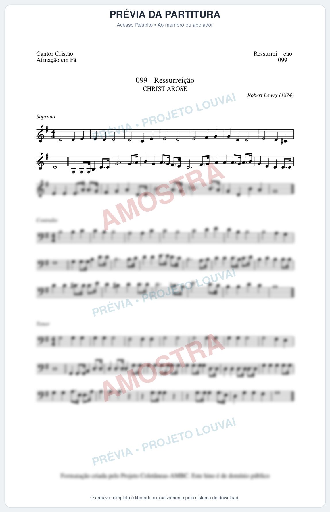 Prévia protegida da primeira página da partitura Partitura da música Ressurreição (Cantor Cristão nº99) - Cantor Cristão - Tom G