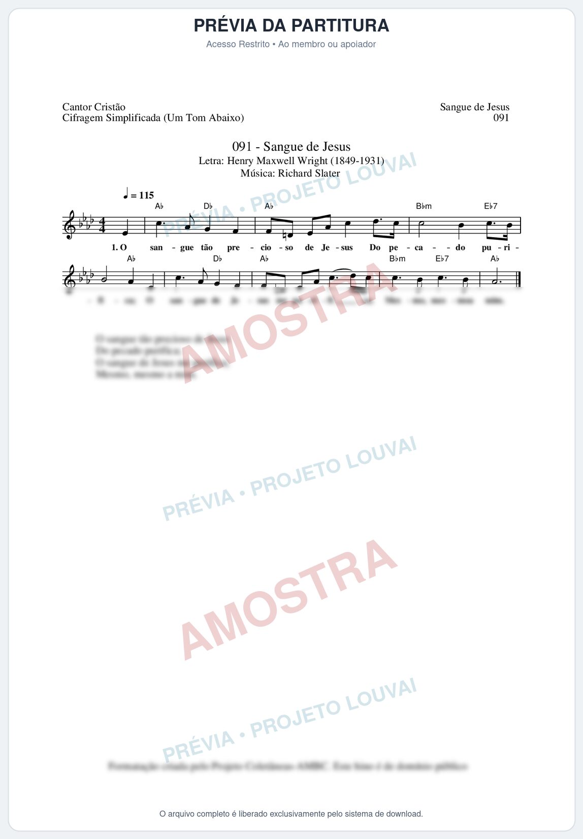 Prévia protegida da primeira página da partitura Partitura da música Sangue de Jesus (Cantor Cristão nº91) - Cantor Cristão - Tom Ab