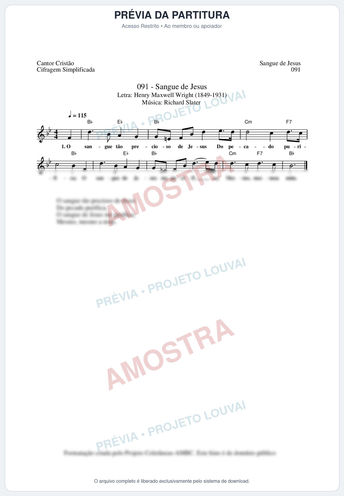 Prévia protegida da primeira página da partitura Partitura da música Sangue de Jesus (Cantor Cristão nº91) - Cantor Cristão - Tom Bb