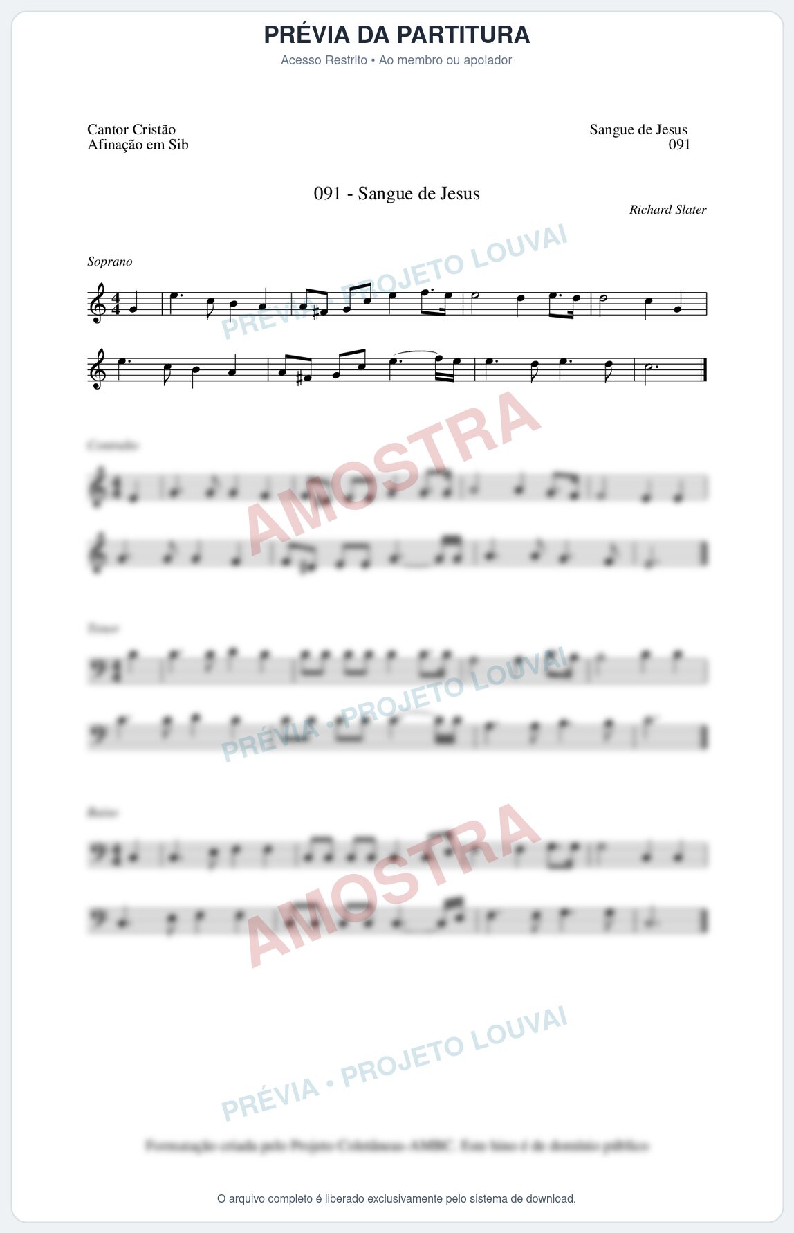 Prévia protegida da primeira página da partitura Partitura da música Sangue de Jesus (Cantor Cristão nº91) - Cantor Cristão - Tom C