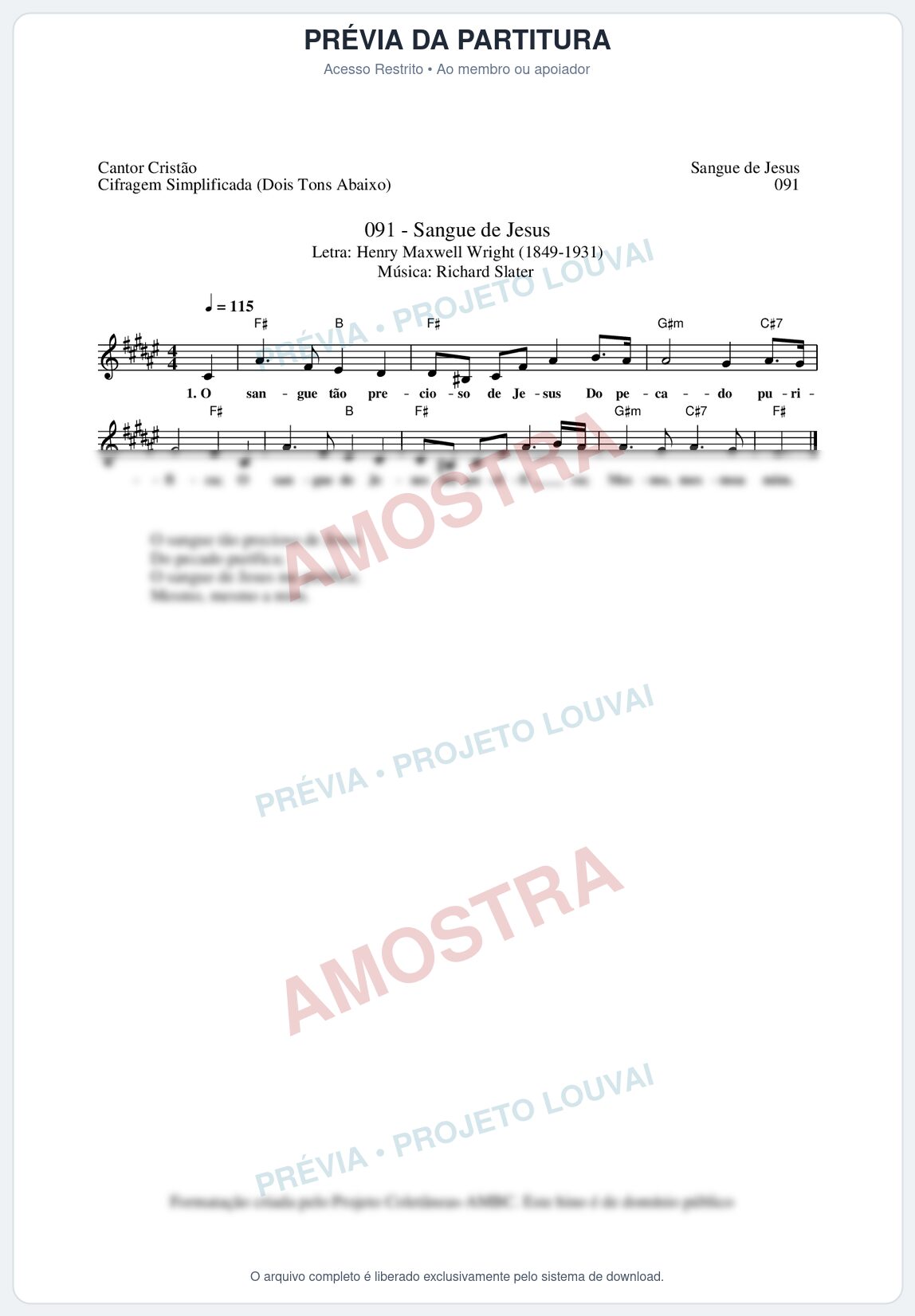 Prévia protegida da primeira página da partitura Partitura da música Sangue de Jesus (Cantor Cristão nº91) - Cantor Cristão - Tom F#