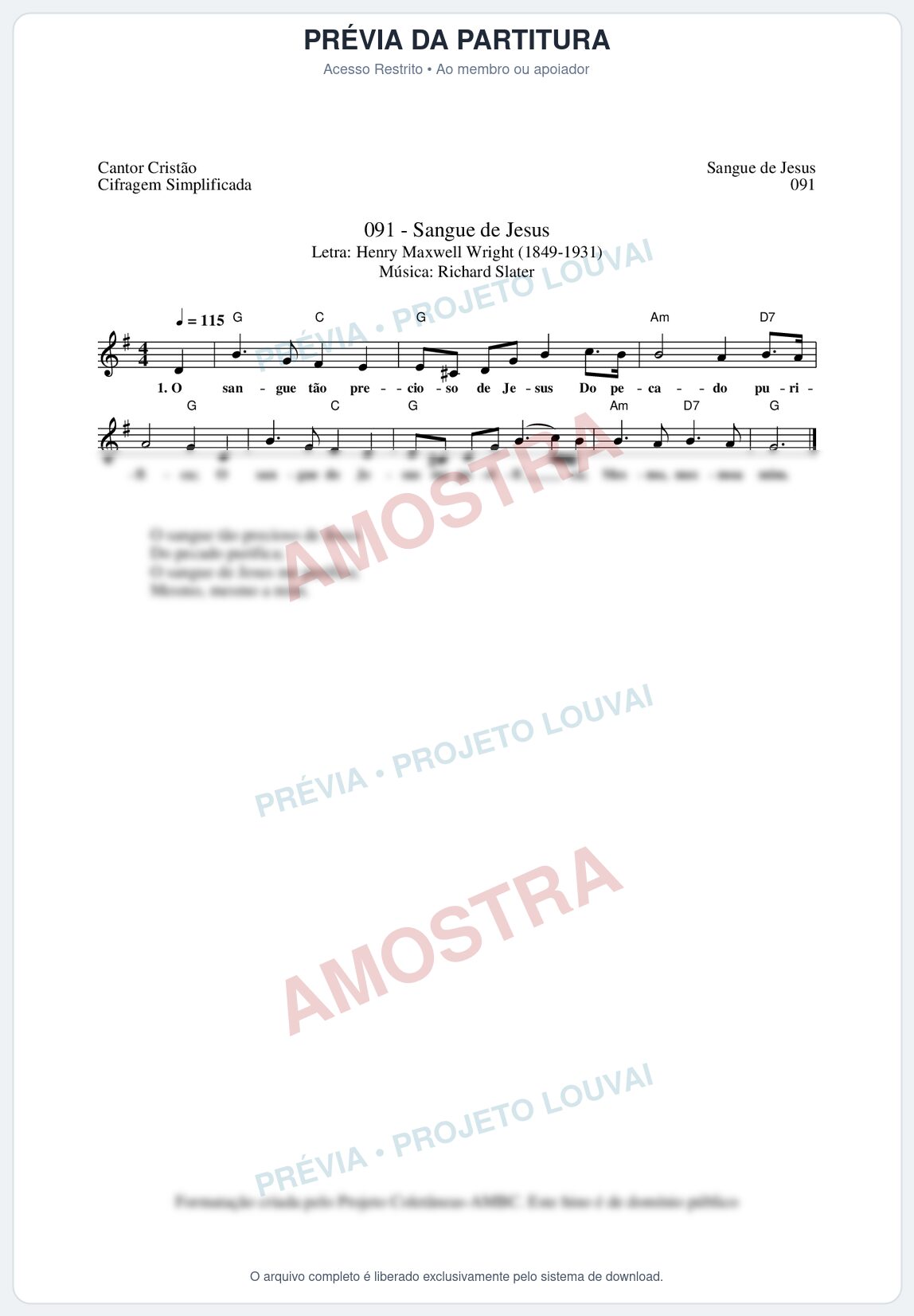 Prévia protegida da primeira página da partitura Partitura da música Sangue de Jesus (Cantor Cristão nº91) - Cantor Cristão - Tom G