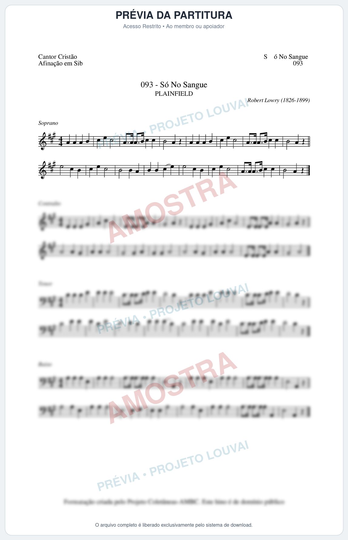 Prévia protegida da primeira página da partitura Partitura da música Só No Sangue (Cantor Cristão nº93) - Cantor Cristão - Tom A