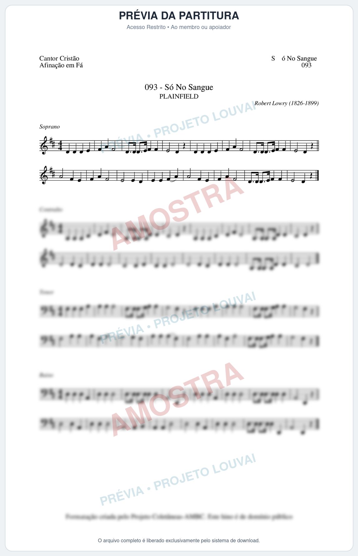 Prévia protegida da primeira página da partitura Partitura da música Só No Sangue (Cantor Cristão nº93) - Cantor Cristão - Tom D