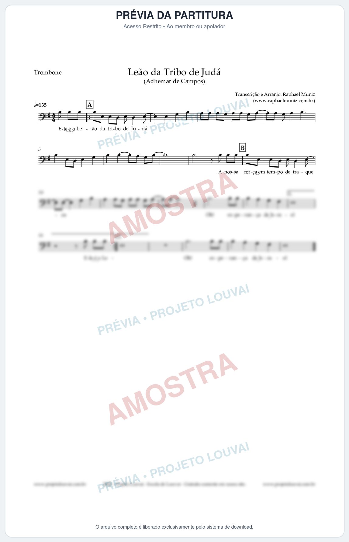 Prévia protegida da primeira página da partitura Partitura para Trombone - Leão da Tribo de Judá - Clássicos do Gospel