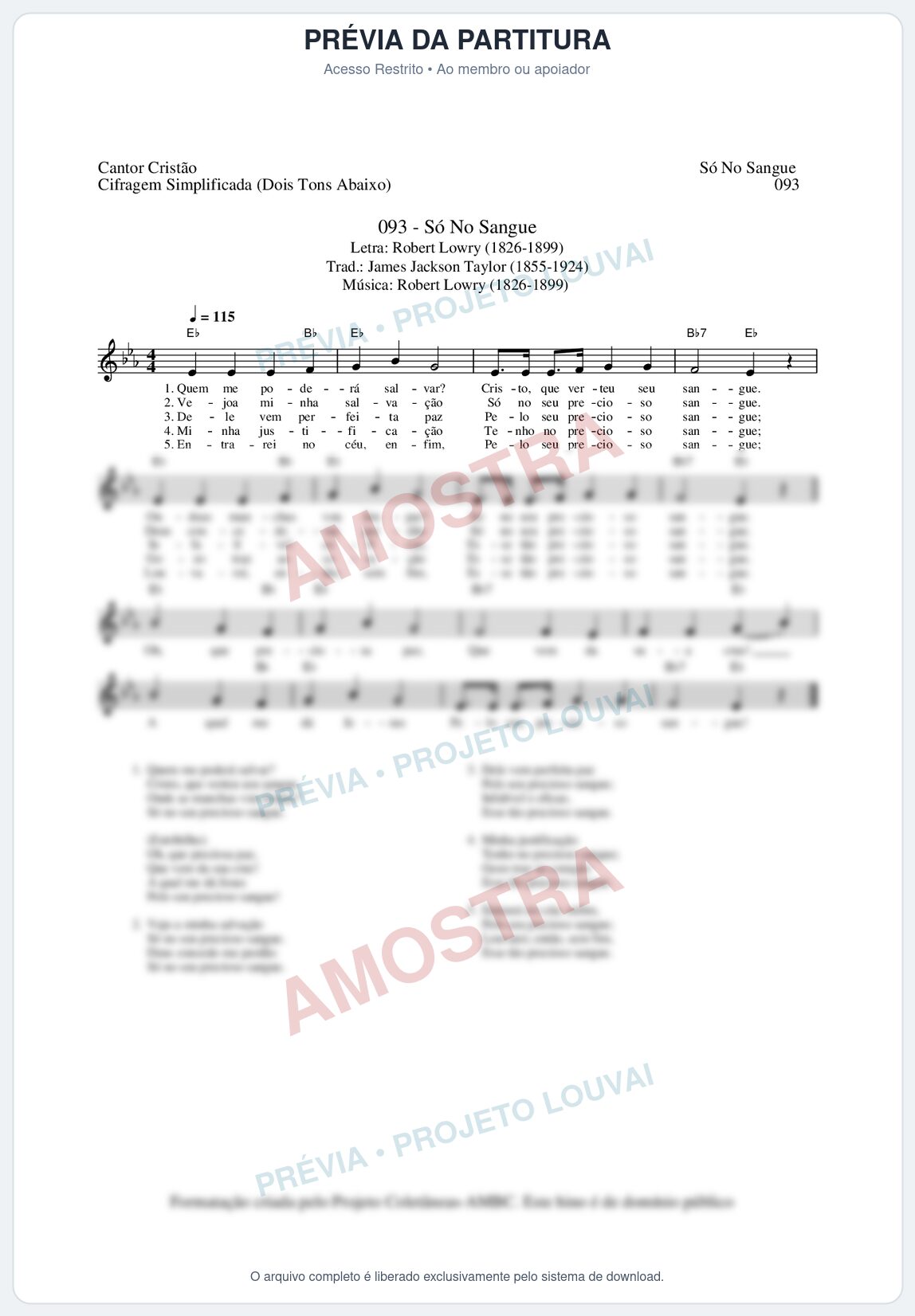 Prévia protegida da primeira página da partitura Partitura da música Só No Sangue (Cantor Cristão nº93) - Cantor Cristão - Tom Eb
