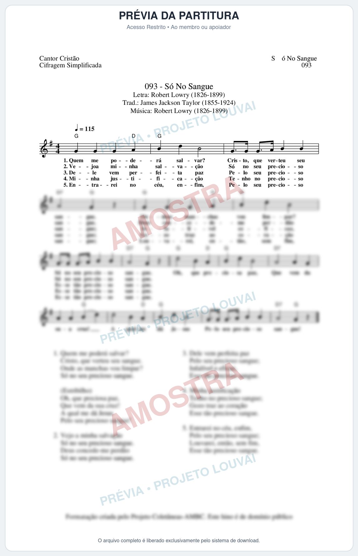 Prévia protegida da primeira página da partitura Partitura da música Só No Sangue (Cantor Cristão nº93) - Cantor Cristão - Tom G
