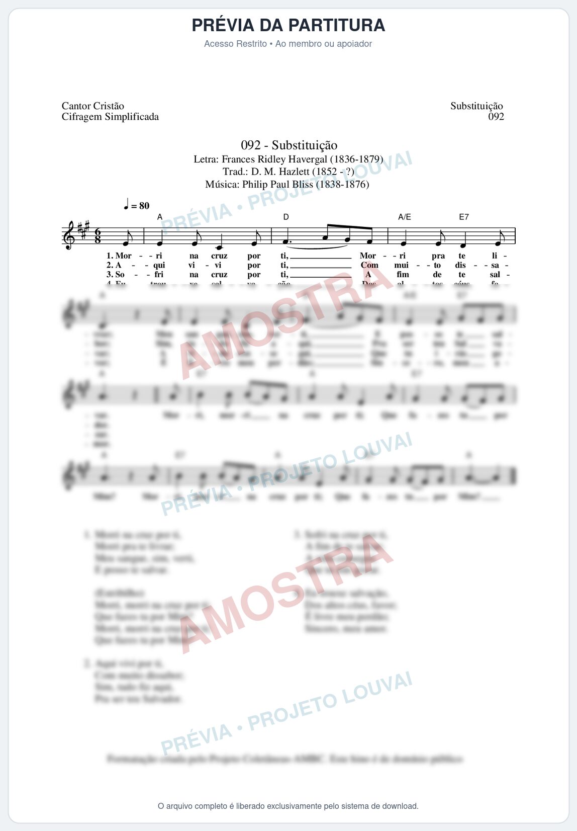 Prévia protegida da primeira página da partitura Partitura da música Substituição (Cantor Cristão nº92) - Cantor Cristão - Tom A