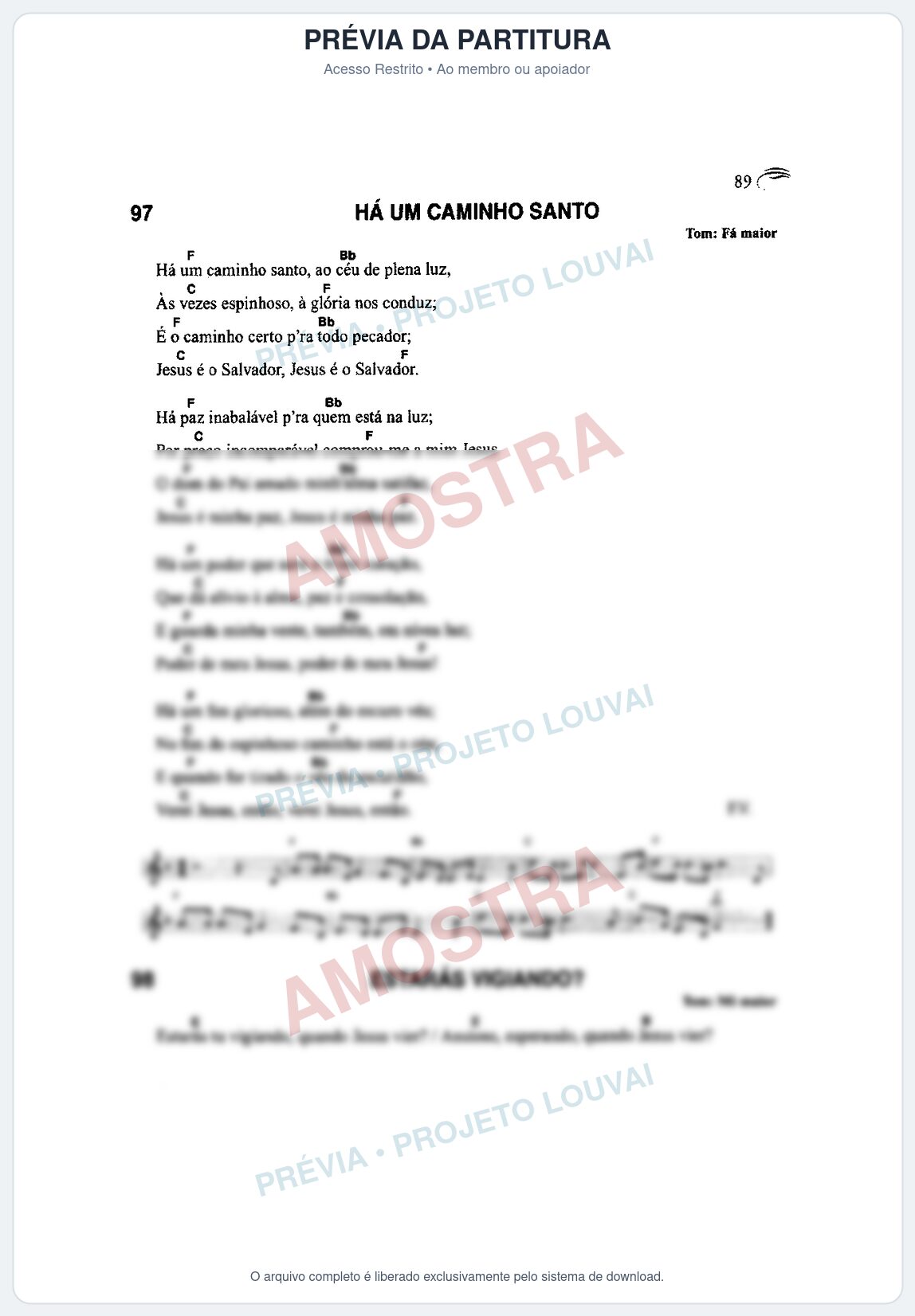 Prévia protegida da primeira página da partitura Partitura da música Há um Caminho Santo (Harpa Cristã nº97) - Harpa Cristã Cifrada - Tom F