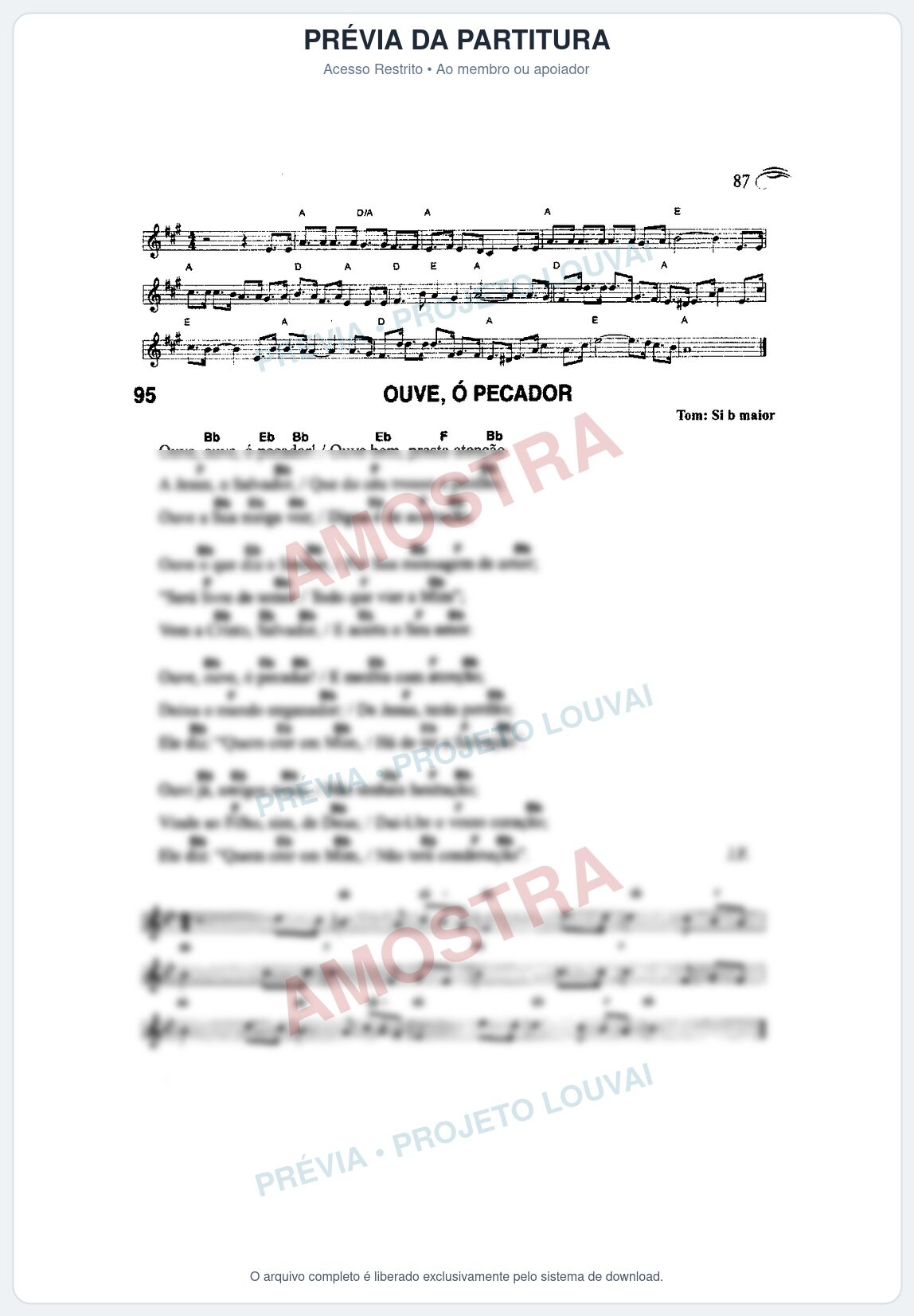 Prévia protegida da primeira página da partitura Partitura da música Ouve, ó Pecador (Harpa Cristã nº95) - Harpa Cristã Cifrada - Tom Bb