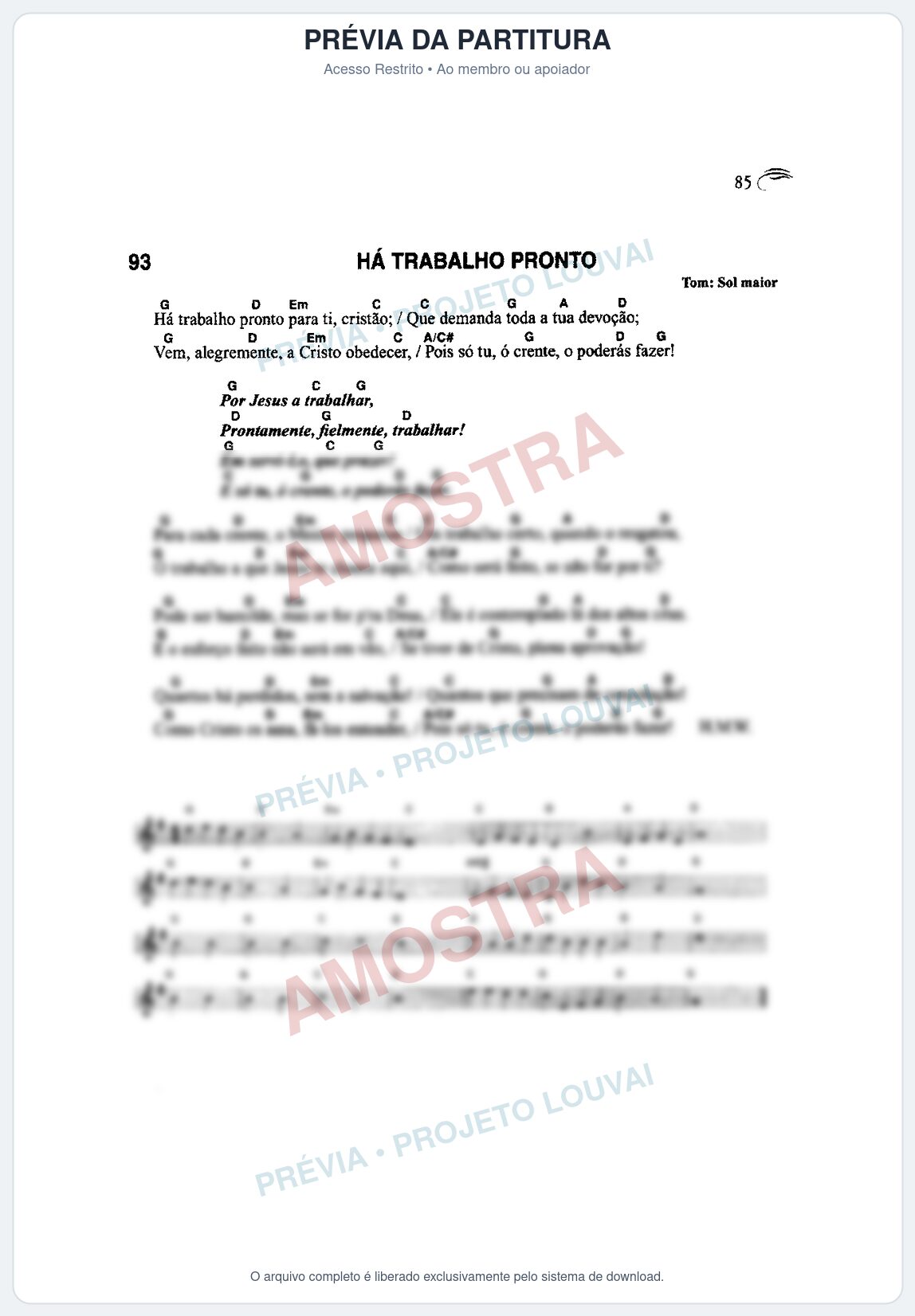 Prévia protegida da primeira página da partitura Partitura da música Há Trabalho Pronto (Harpa Cristã nº93) - Harpa Cristã Cifrada - Tom G