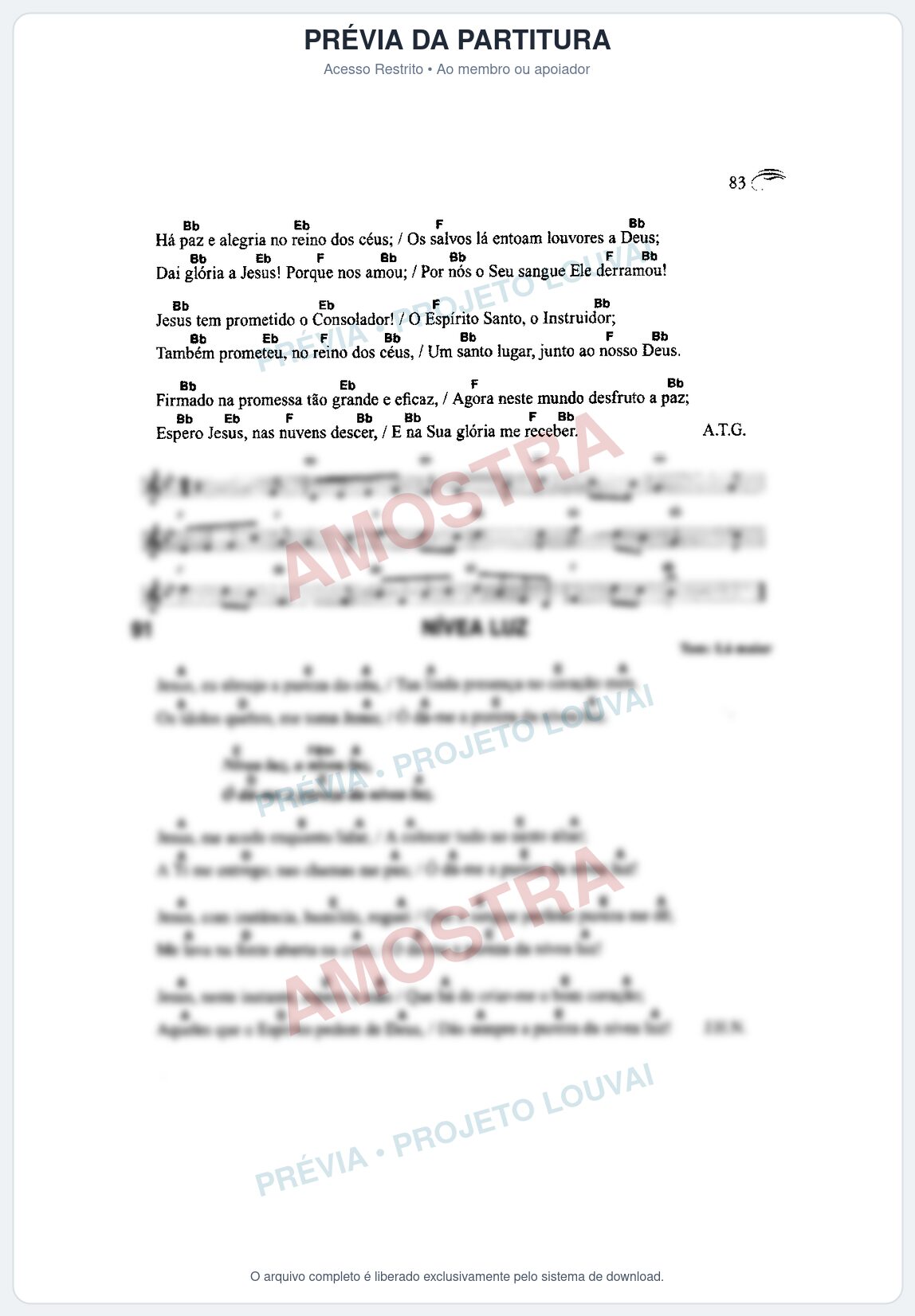 Prévia protegida da primeira página da partitura Partitura da música Nívea Luz (Harpa Cristã nº91) - Harpa Cristã Cifrada - Tom A