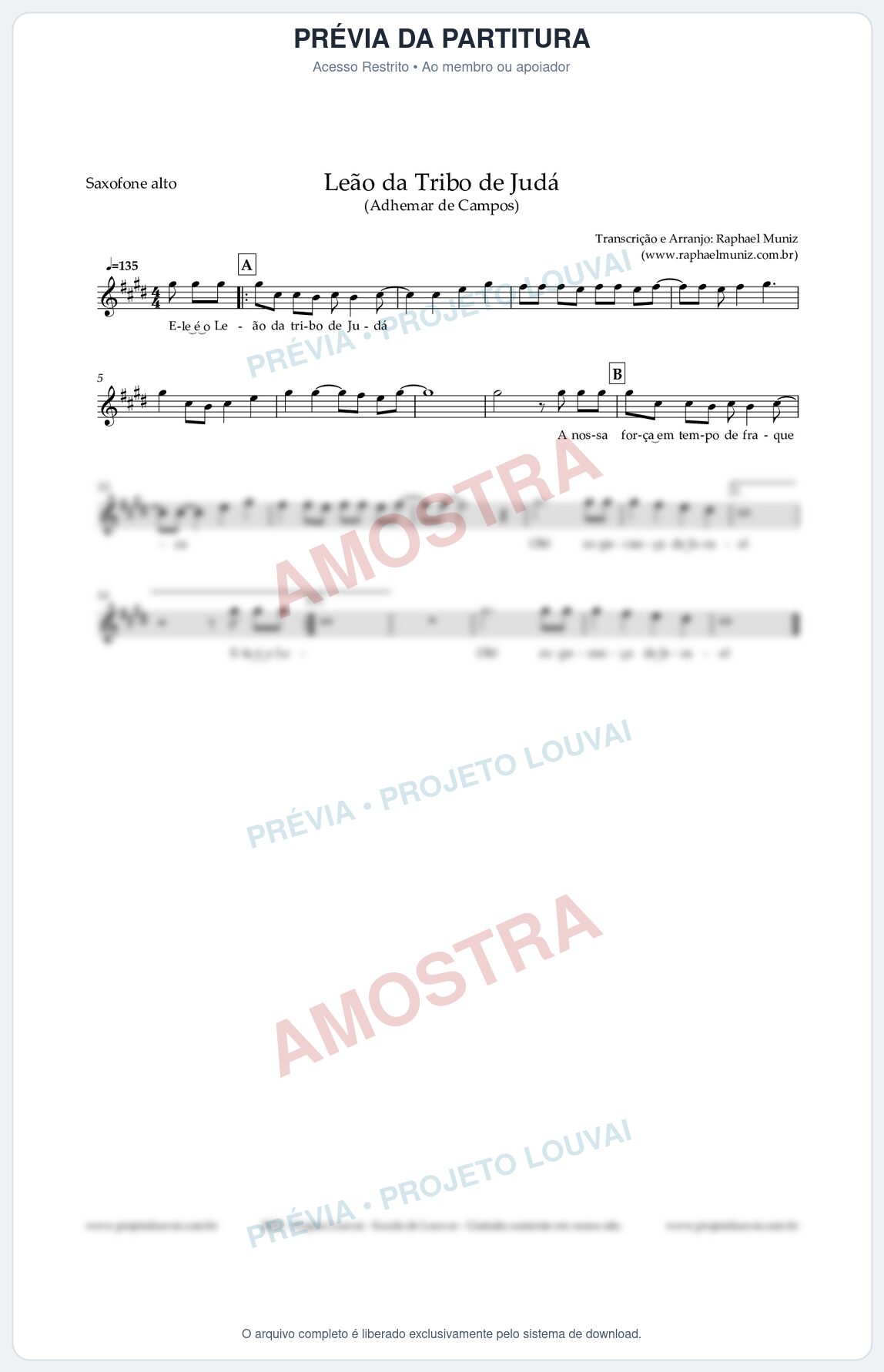 Prévia protegida da primeira página da partitura Partitura para Saxofone Alto - Leão da Tribo de Judá - Clássicos do Gospel