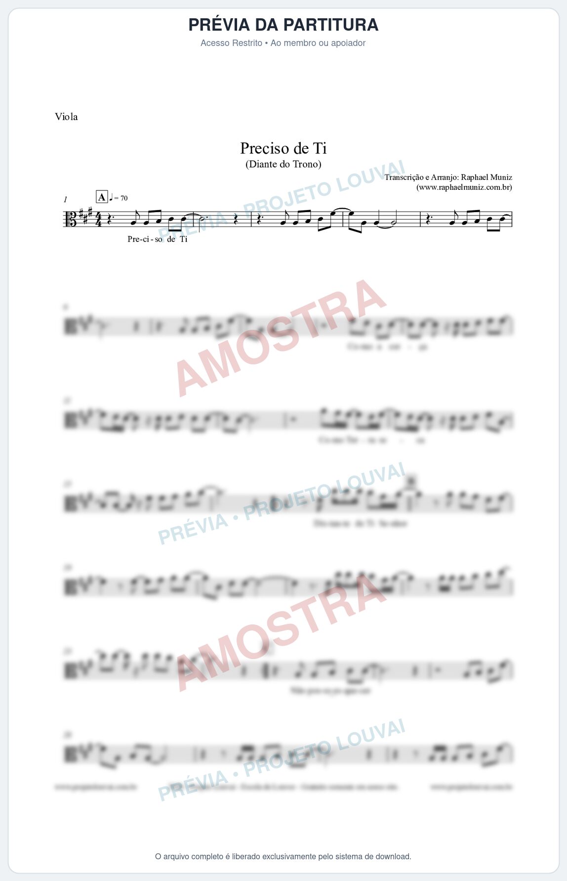 Prévia protegida da primeira página da partitura Partitura para Viola - Preciso de Ti - Diante do Trono